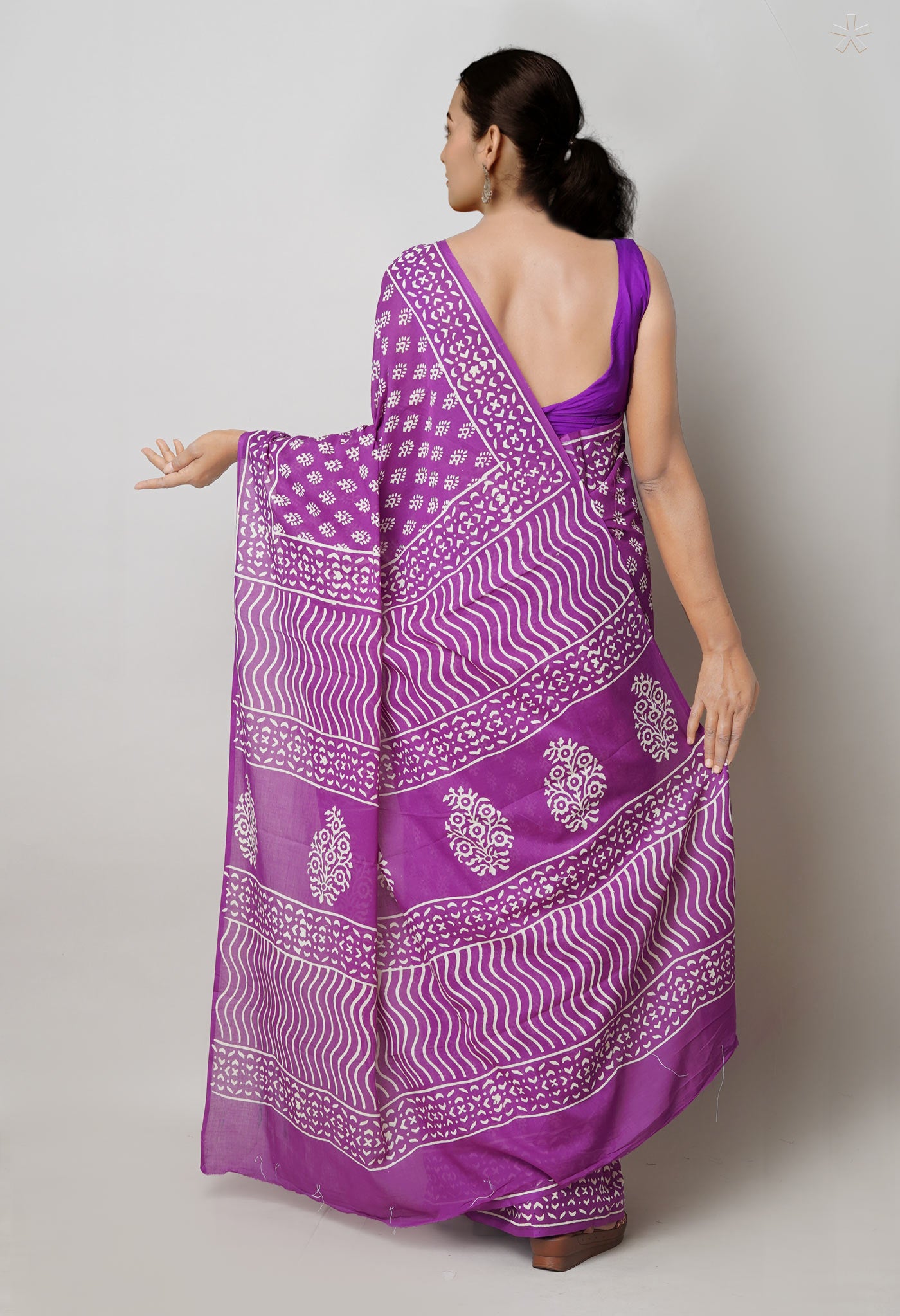 Purple Pure  Hand Block Printed Discharge Superfine Mulmul Cotton Saree-UNM73944