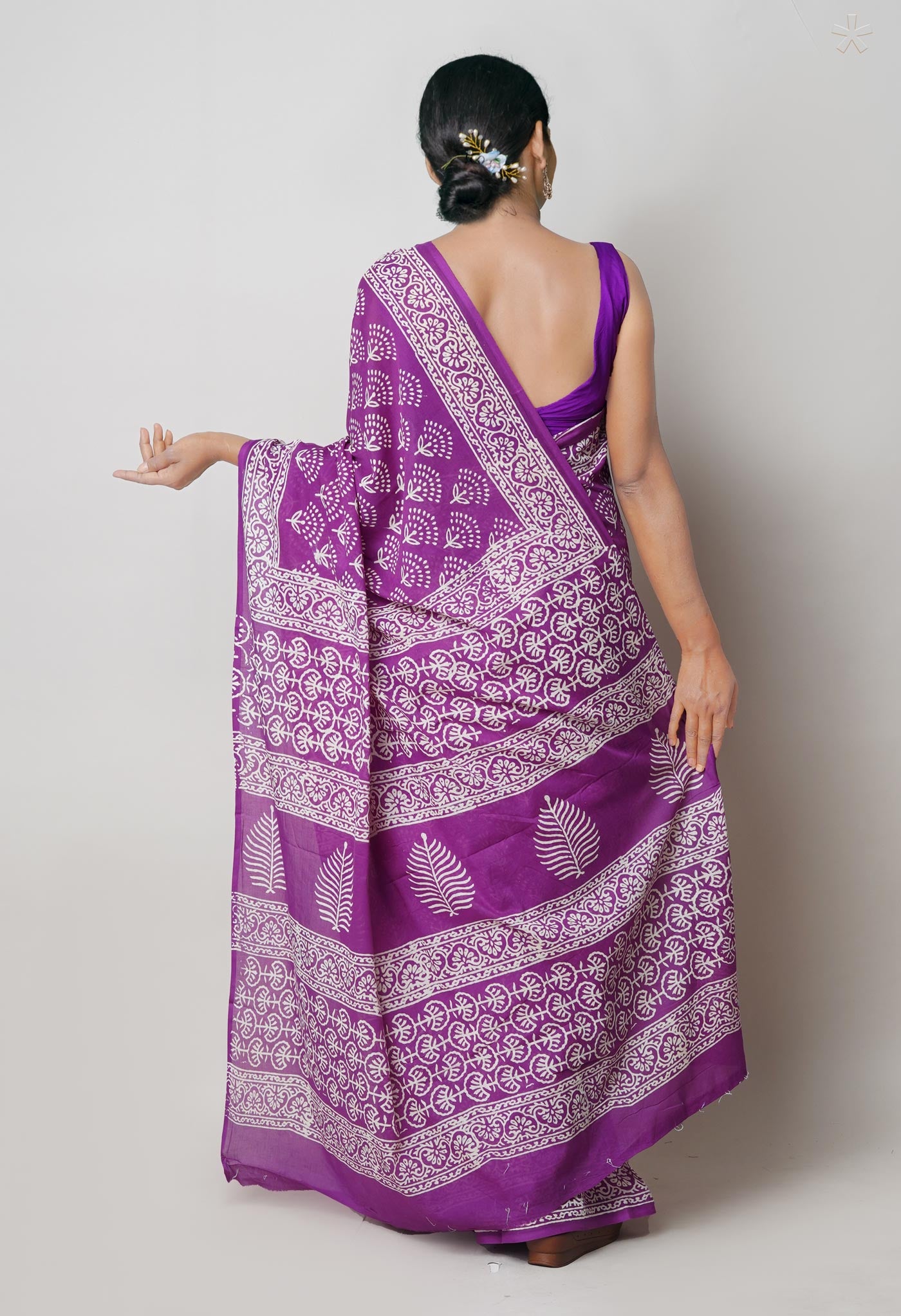 Purple Pure Hand Block Printed Soft Cotton Saree