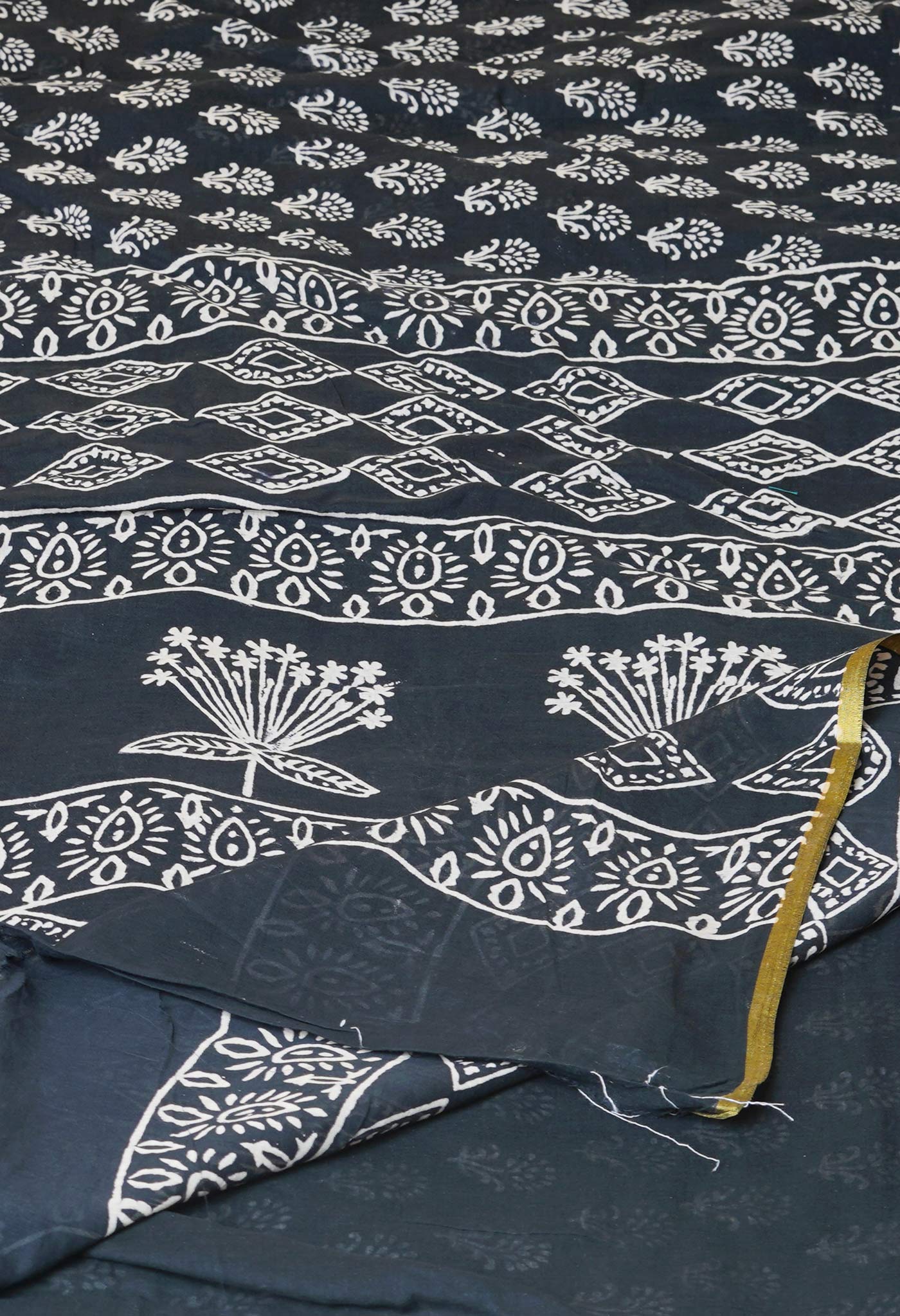 Black Pure Hand Block Printed Soft Cotton Saree