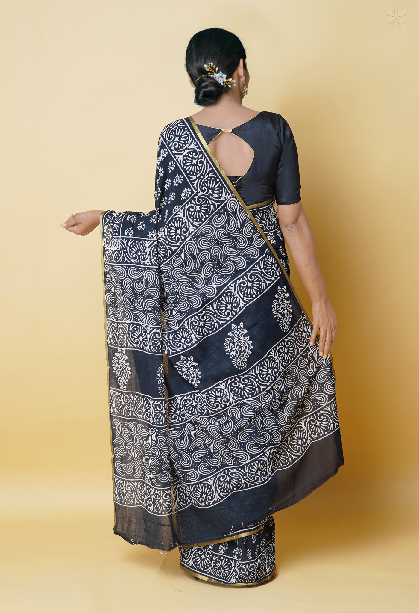 Black Pure Hand Block Printed Soft Cotton Saree