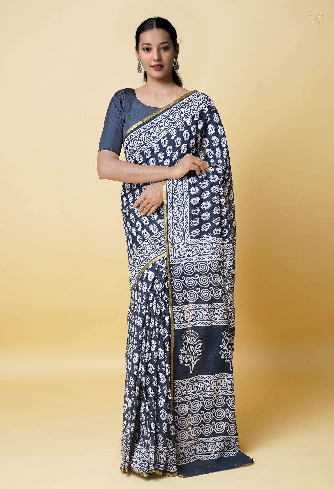 Black Pure Hand Block Printed Soft Cotton Saree