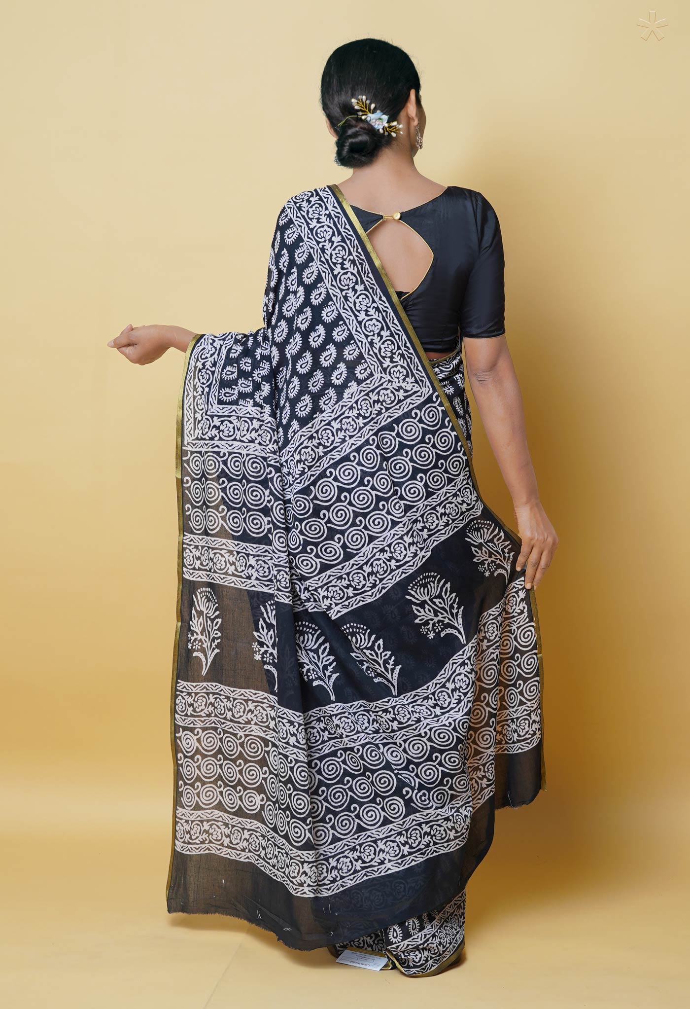 Black Pure Hand Block Printed Soft Cotton Saree