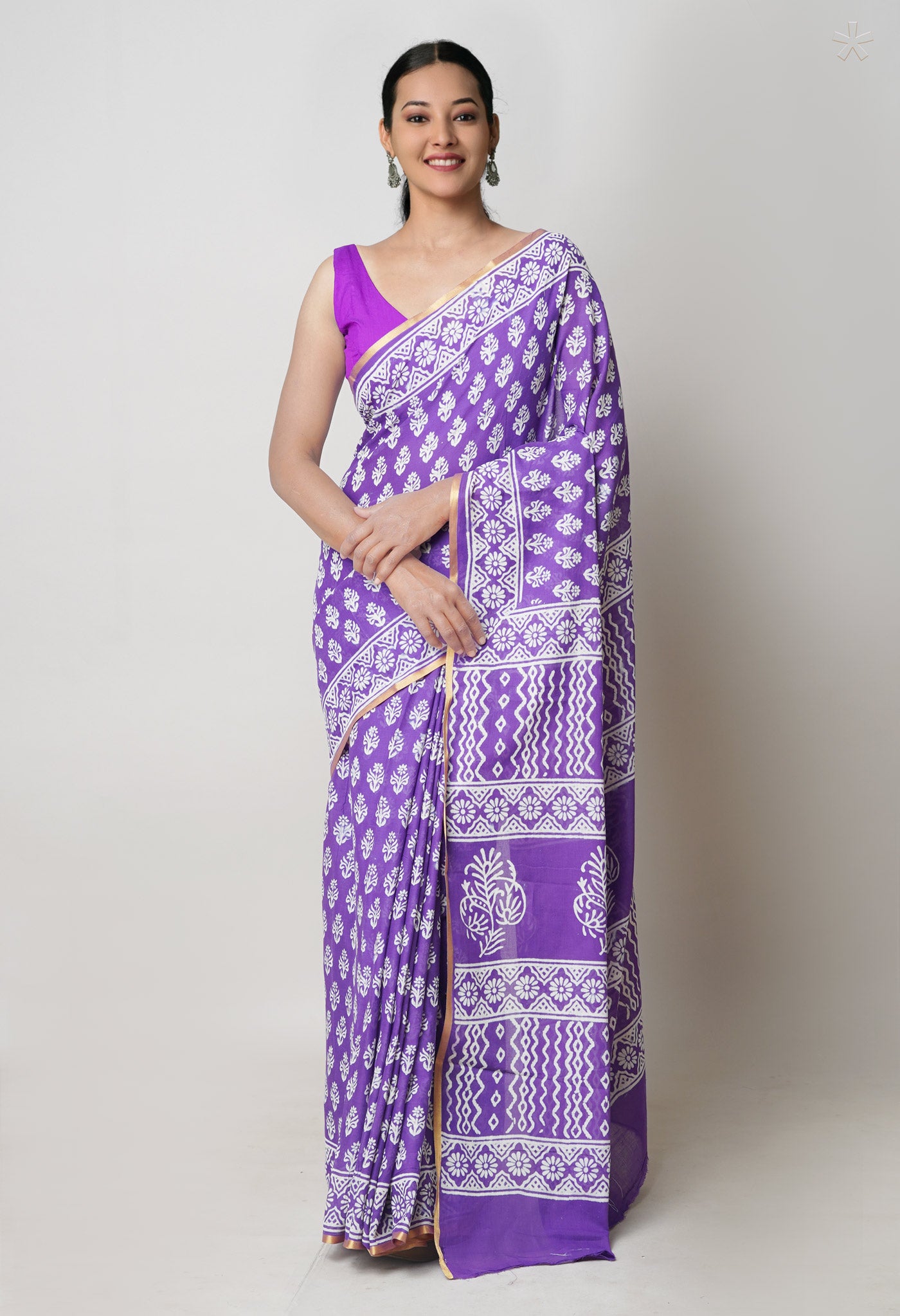 Violet Pure Hand Block Printed Soft Cotton Saree