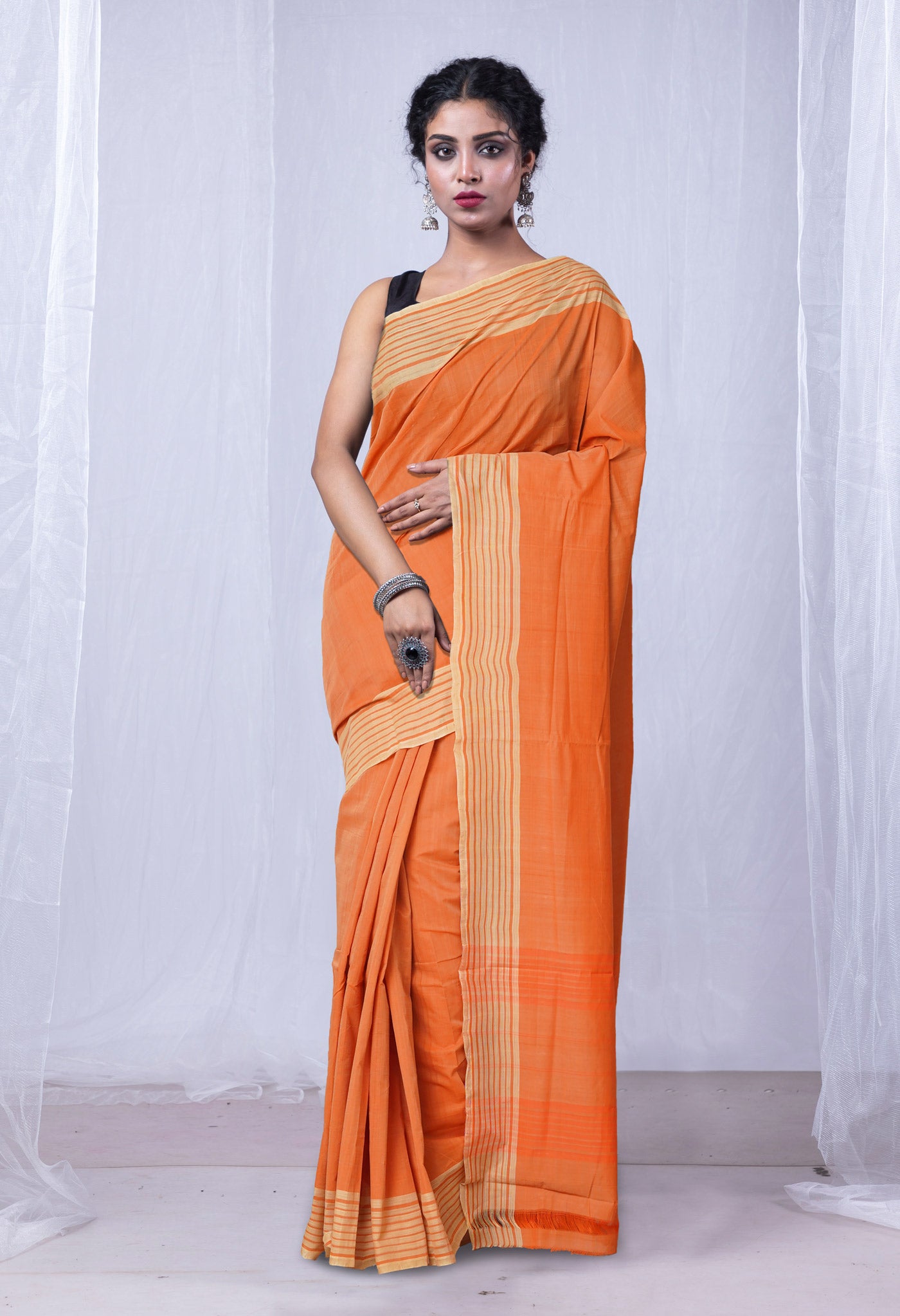 Orange-Cream Pure Andhra Handloom Cotton Saree-UNM74210