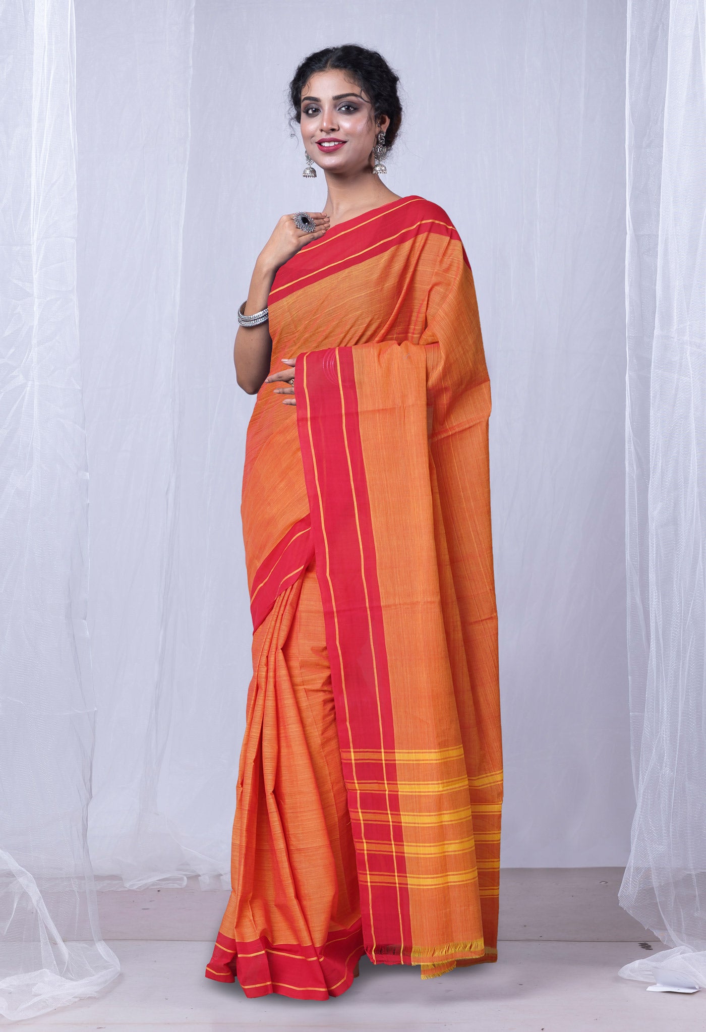 Yellow-Red Pure Andhra Handloom Cotton Saree-UNM74221