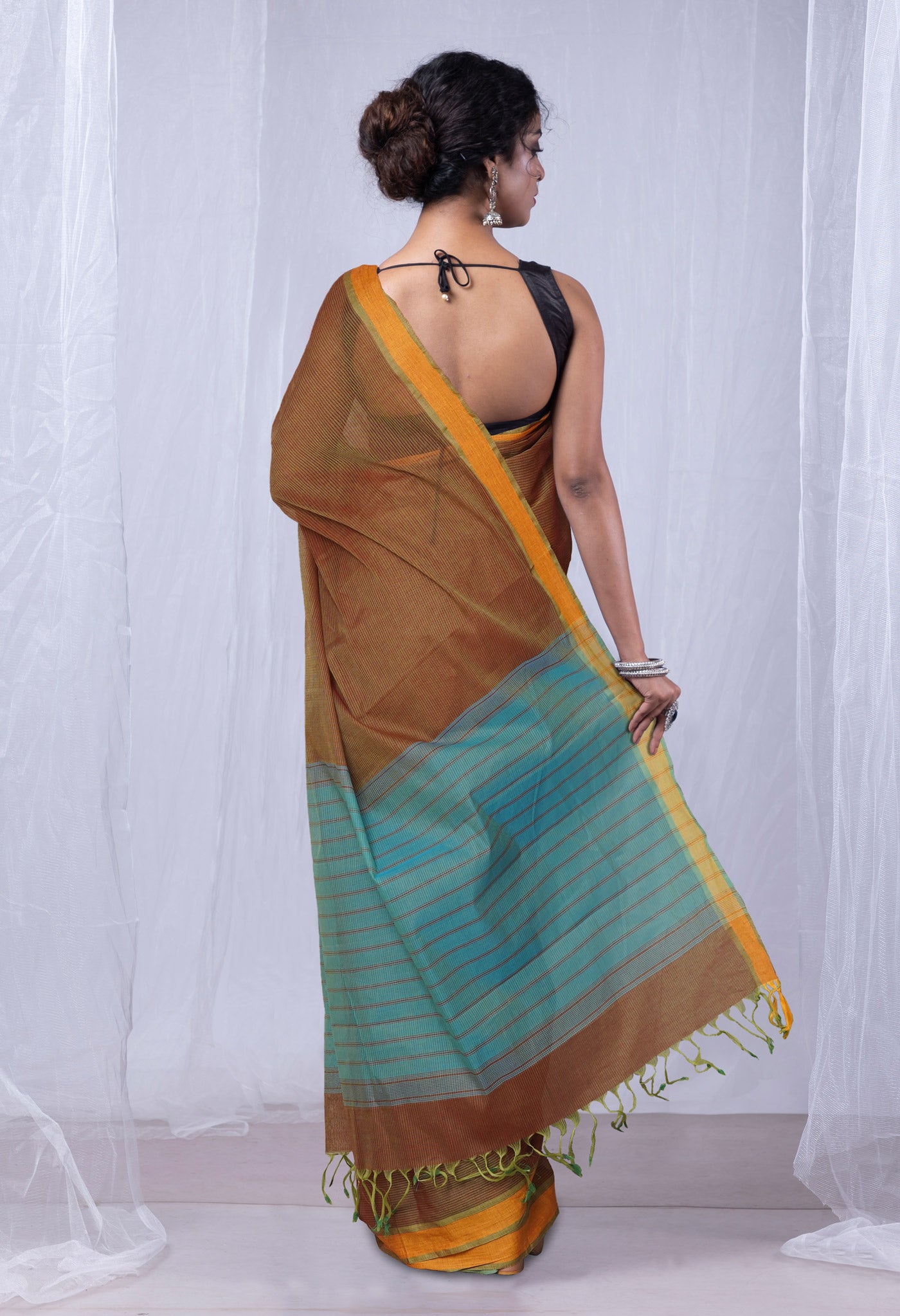 Brown Pure Plain Maheshwari Cotton Saree