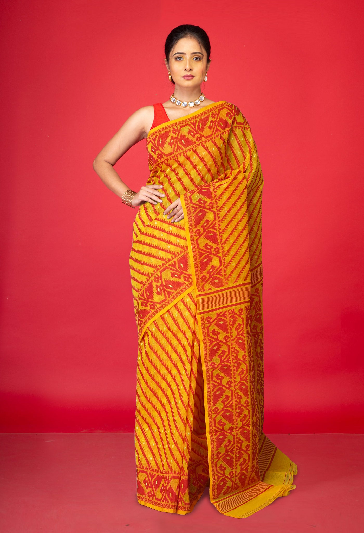 Yellow Pure Jamdhani Bengal Cotton Saree-UNM75211