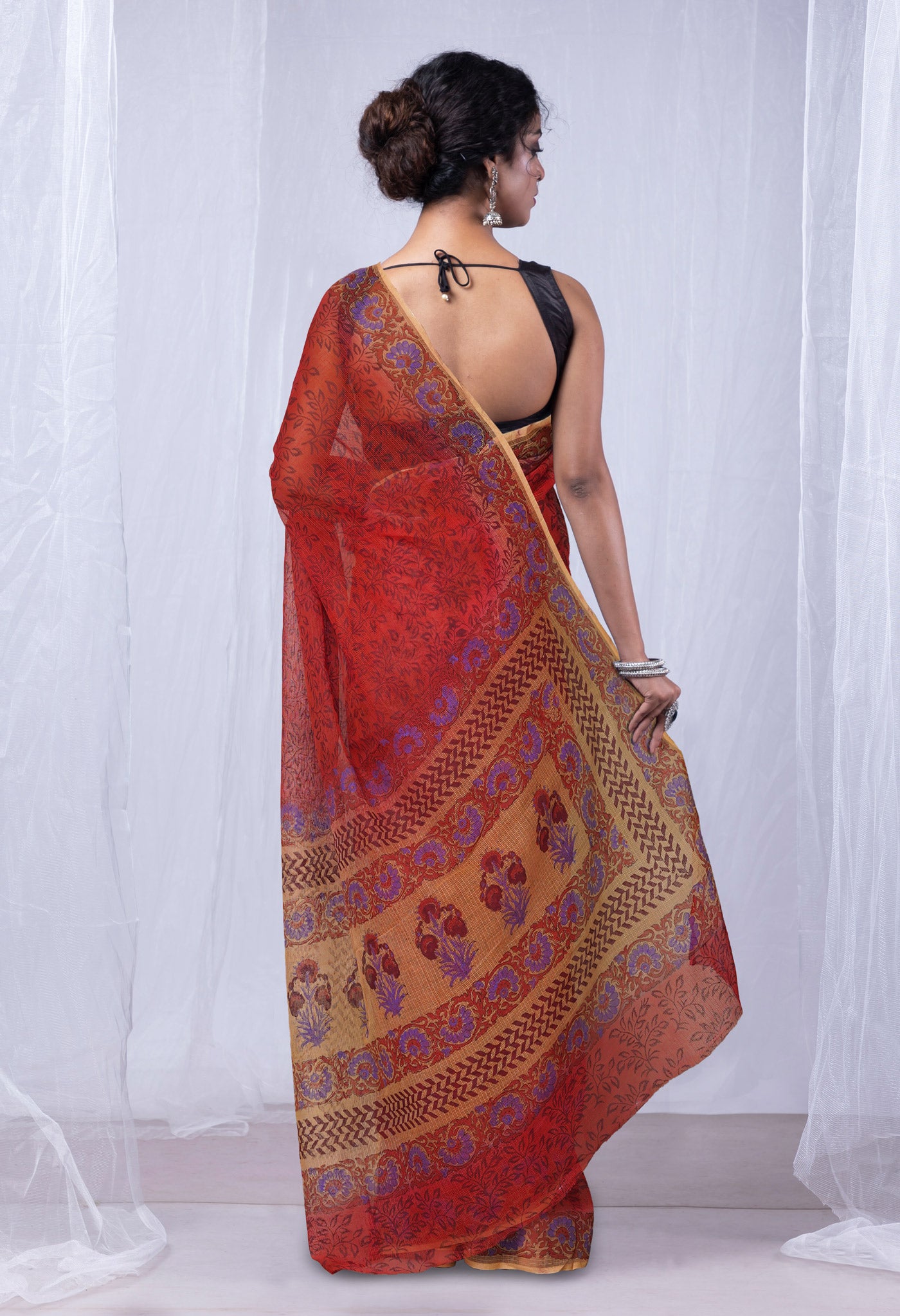 Red Pure Block Printed Kota Cotton Saree-UNM75353