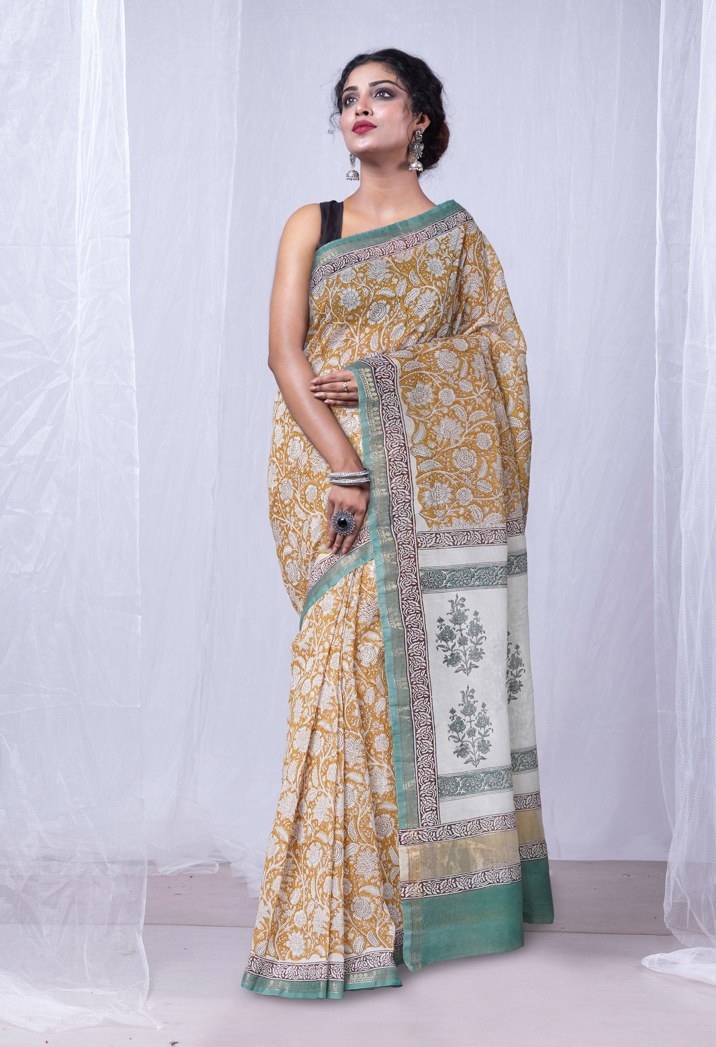 Brown Block Printed Chanderi Sico Saree-UNM75457