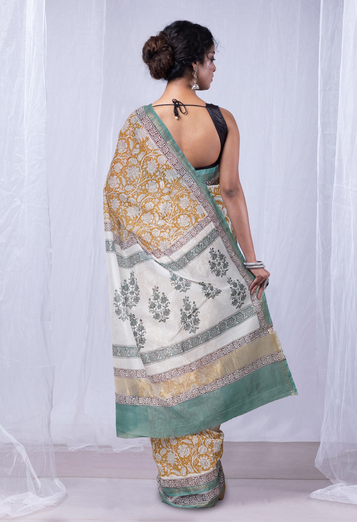 Brown Block Printed Chanderi Sico Saree-UNM75457