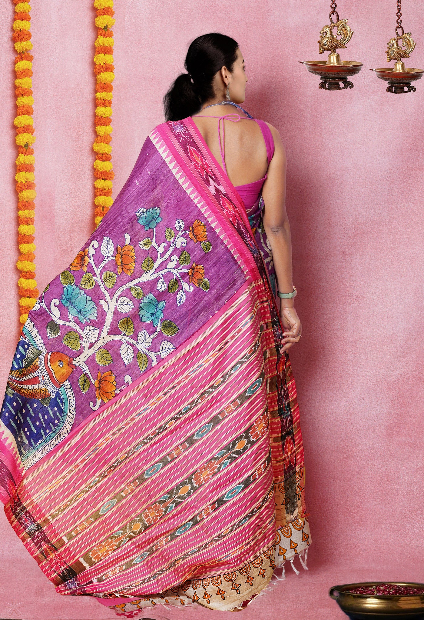 Purple Handpainted Kalamkari on Pure Handloom Tussar Silk Saree