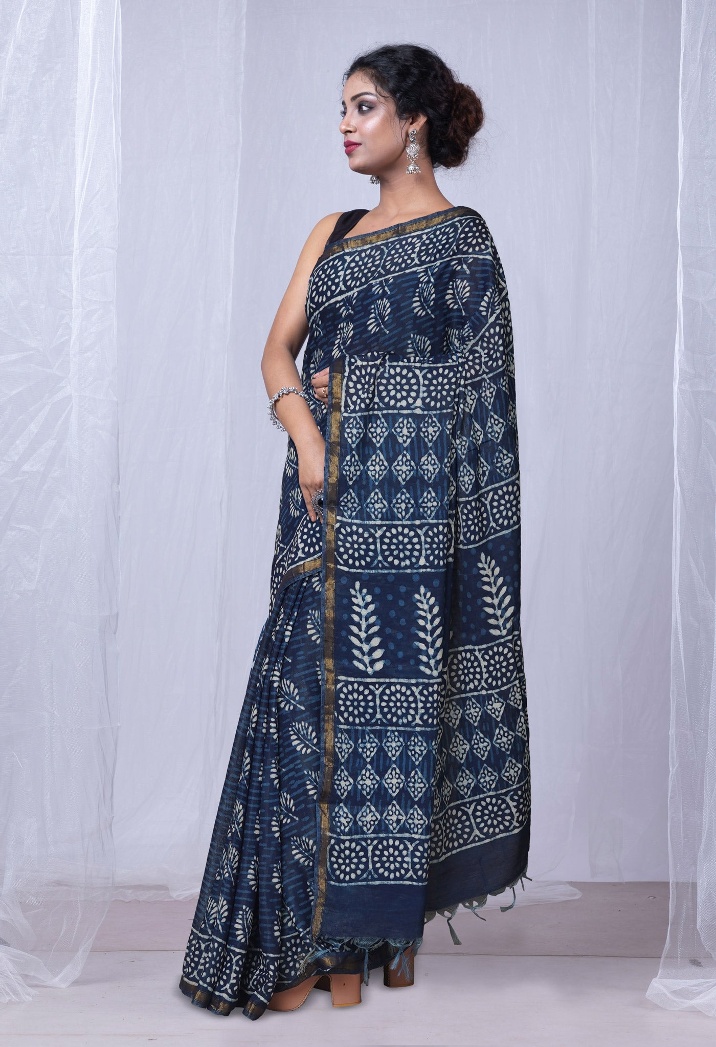 Indigo Blue Pure  Pashmina Block Printed Chanderi Sico Saree