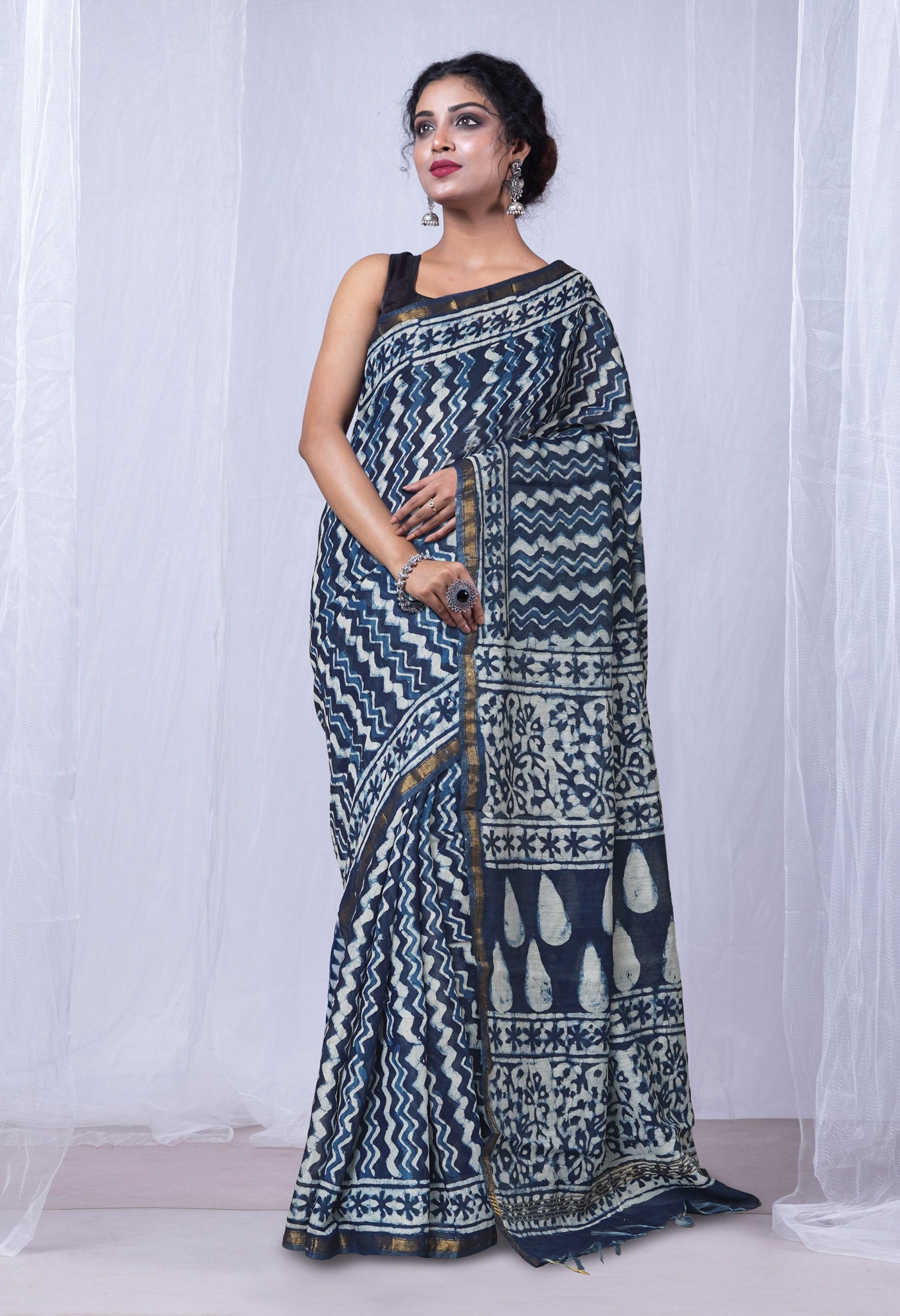 Indigo Blue-White Pure  Pashmina Block Printed Chanderi Sico Saree-UNM75907