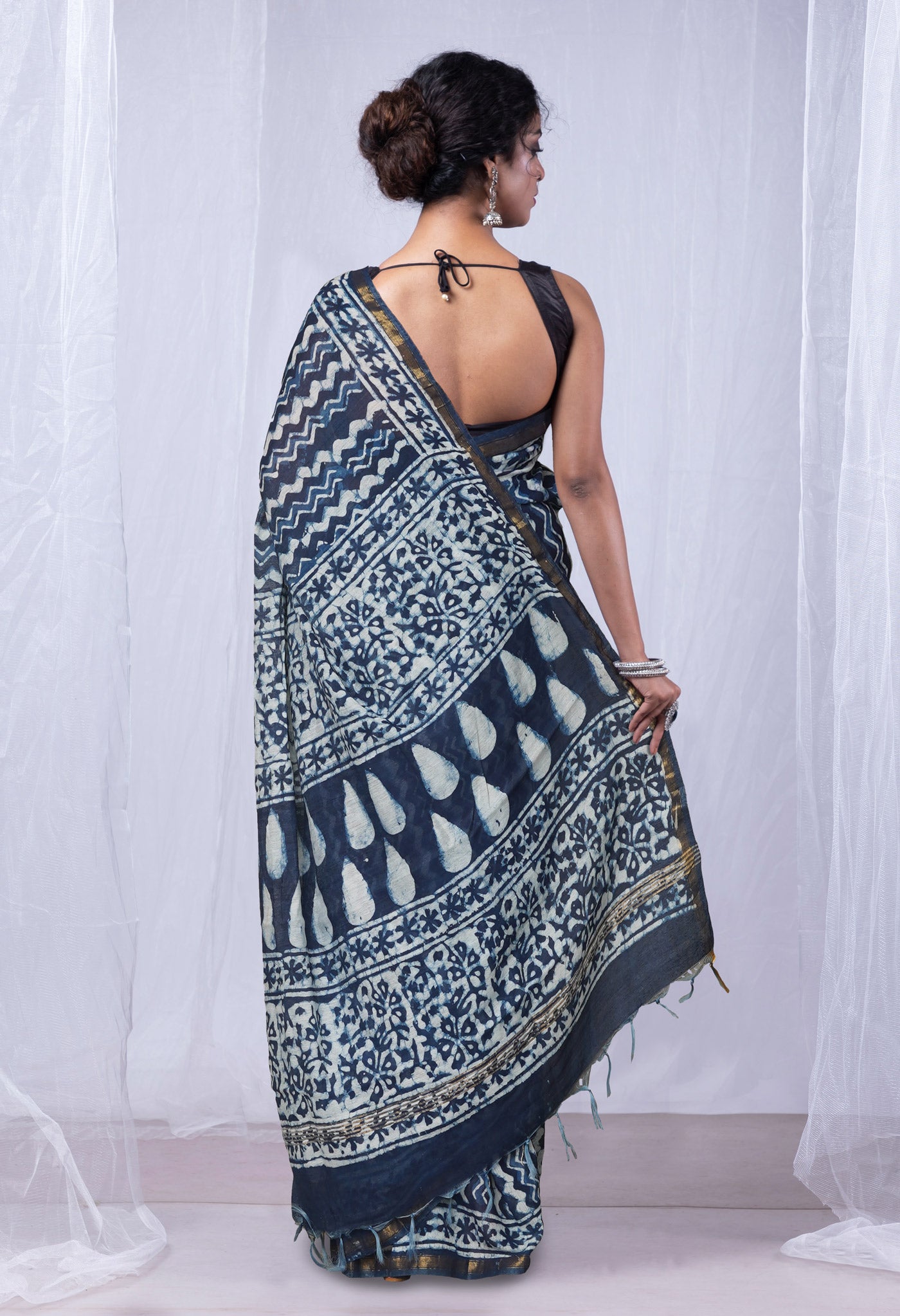 Indigo Blue-White Pure  Pashmina Block Printed Chanderi Sico Saree-UNM75907