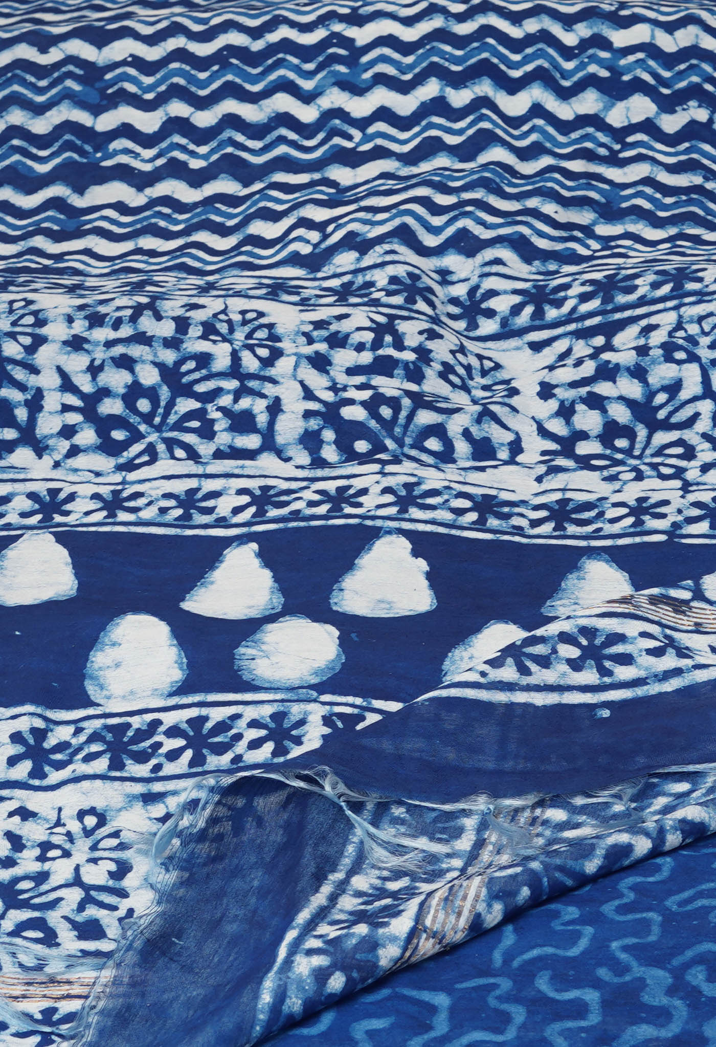 Indigo Blue-White Pure  Pashmina Block Printed Chanderi Sico Saree-UNM75907