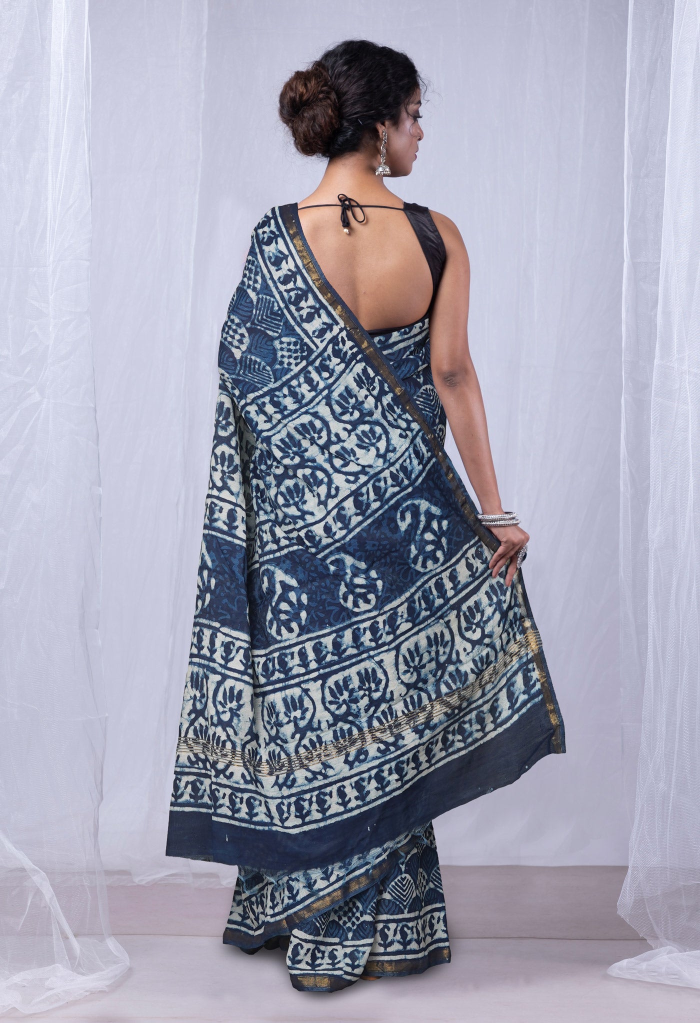 Indigo Blue Pure  Pashmina Block Printed Chanderi Sico Saree-UNM75911