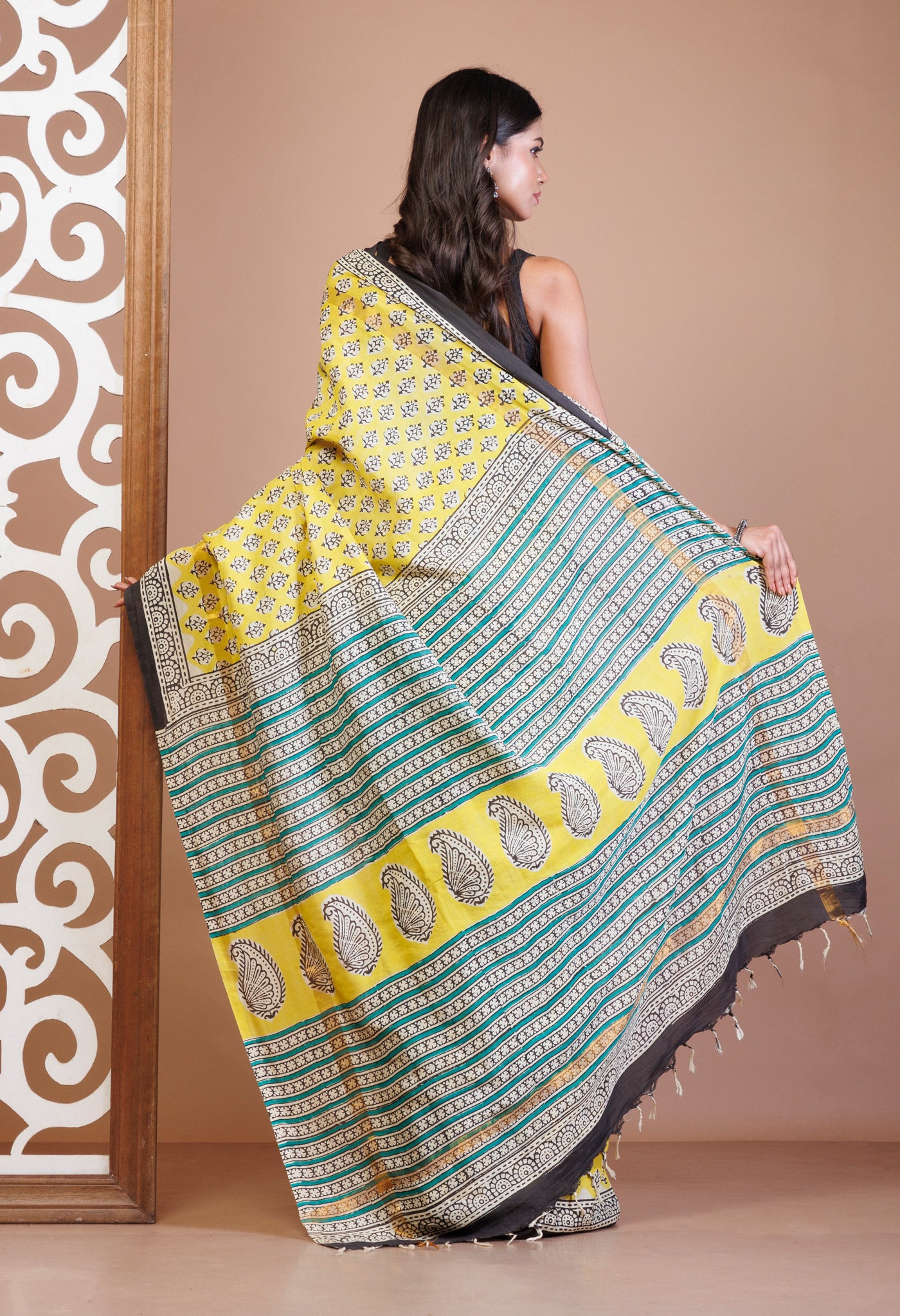 Yellow Pure Bagru Printed Soft Silk Saree