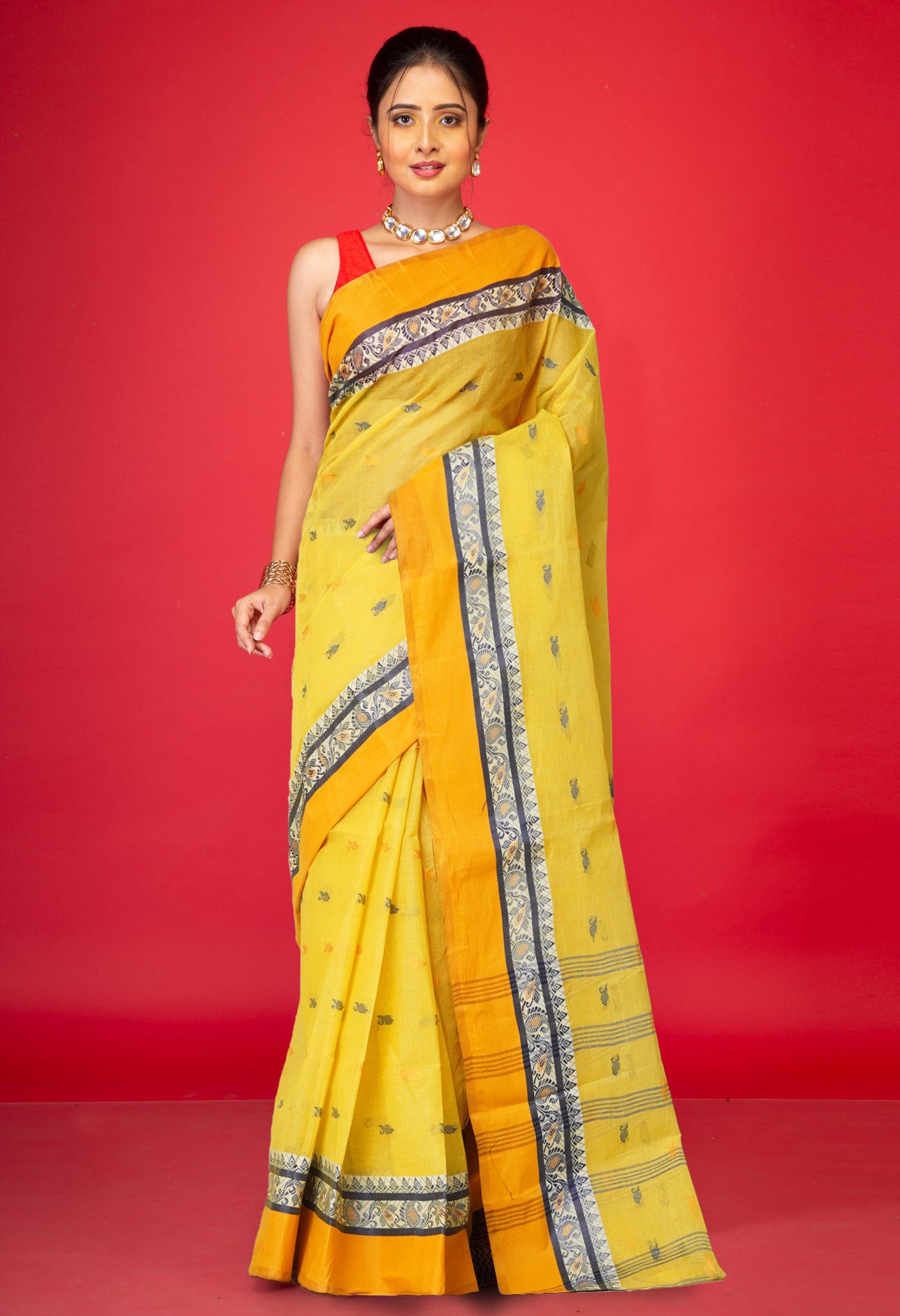 Yellow Pure Handloom Superfine Bengal Cotton Saree-UNM77689