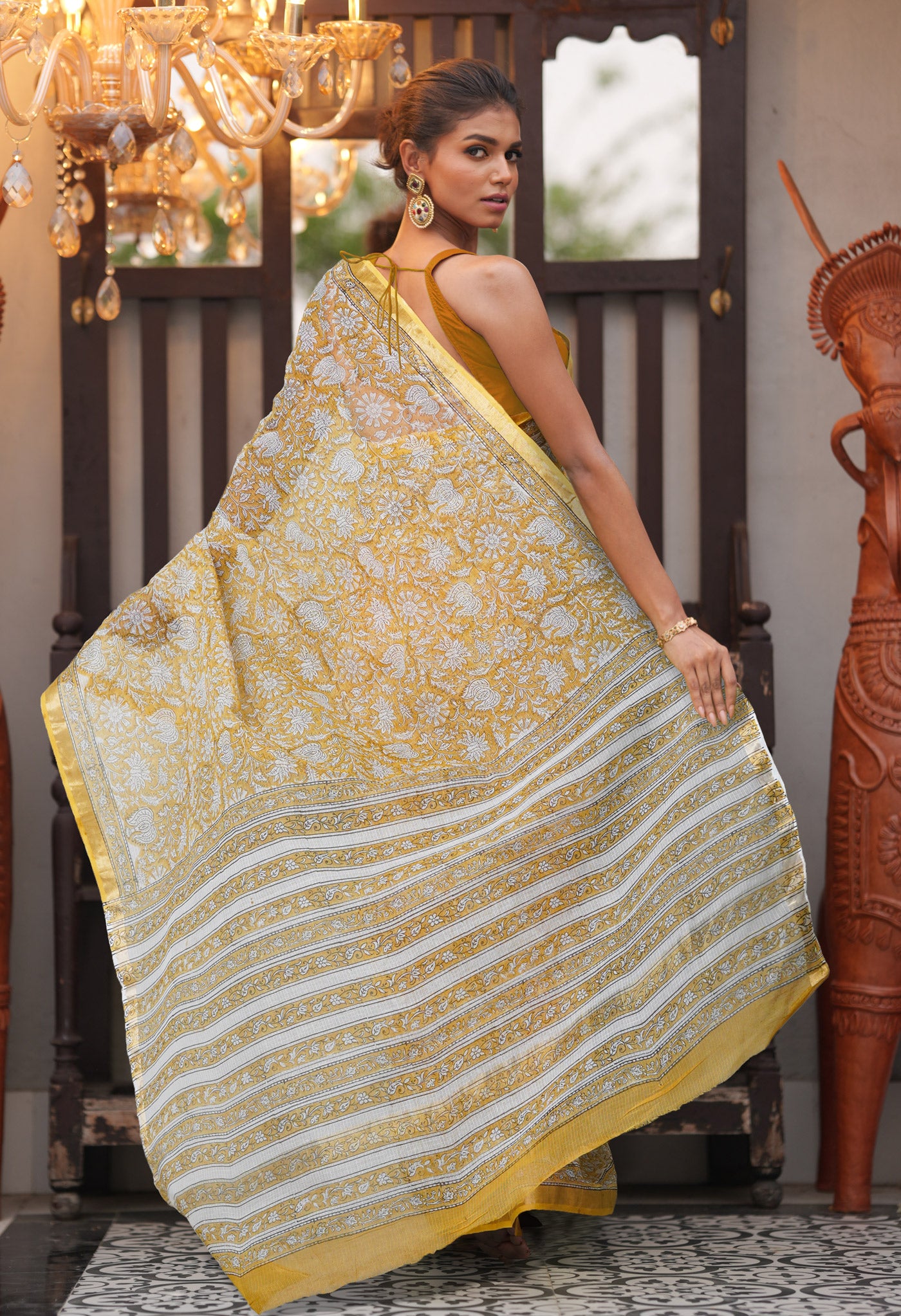 Yellow Pure Hand Block Printed Kota Saree