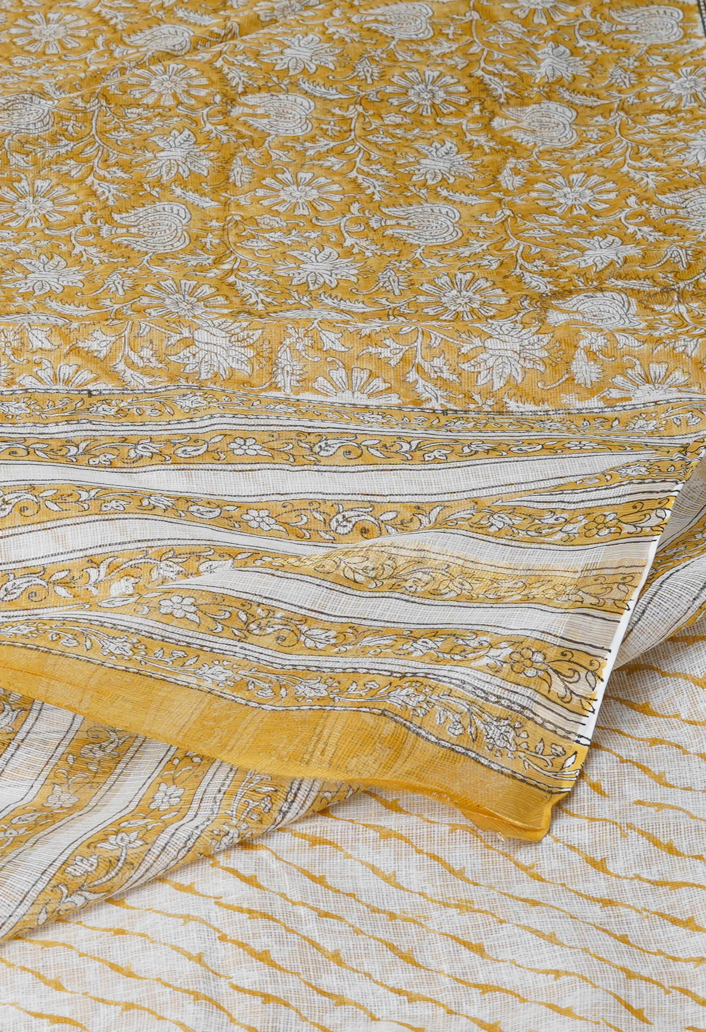 Yellow Pure Hand Block Printed Kota Saree