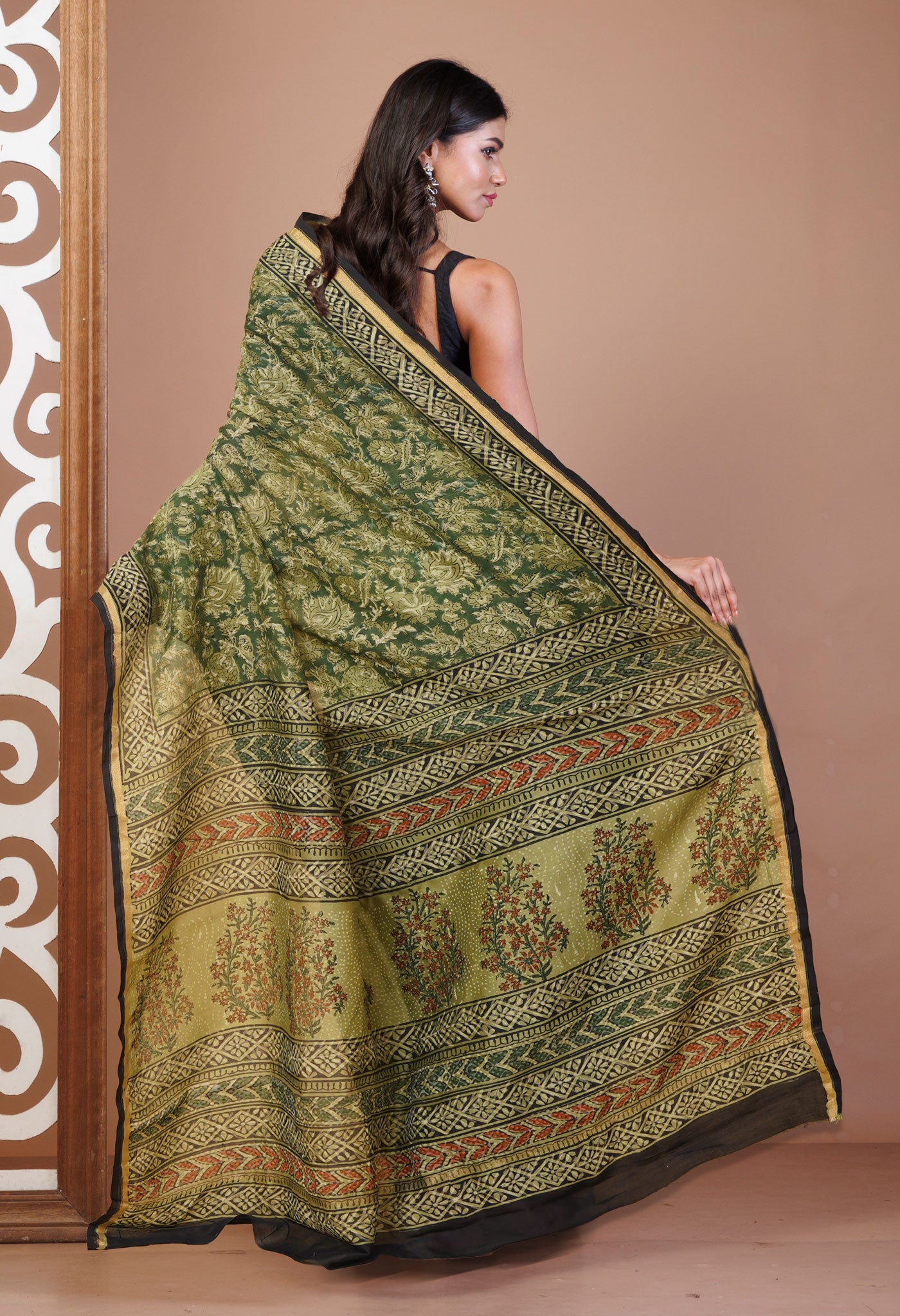 Green Pure Bagru Kalamkari Printed Chanderi Sico Saree