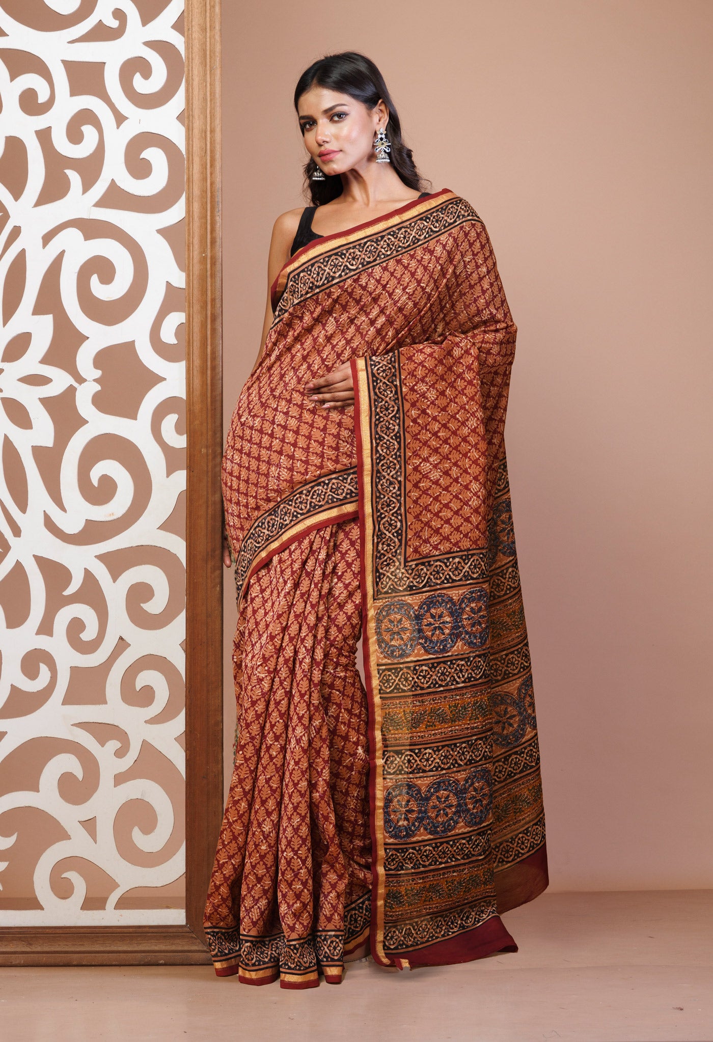 Red-Brown Pure Bagru Kalamkari Printed Chanderi Sico Saree-