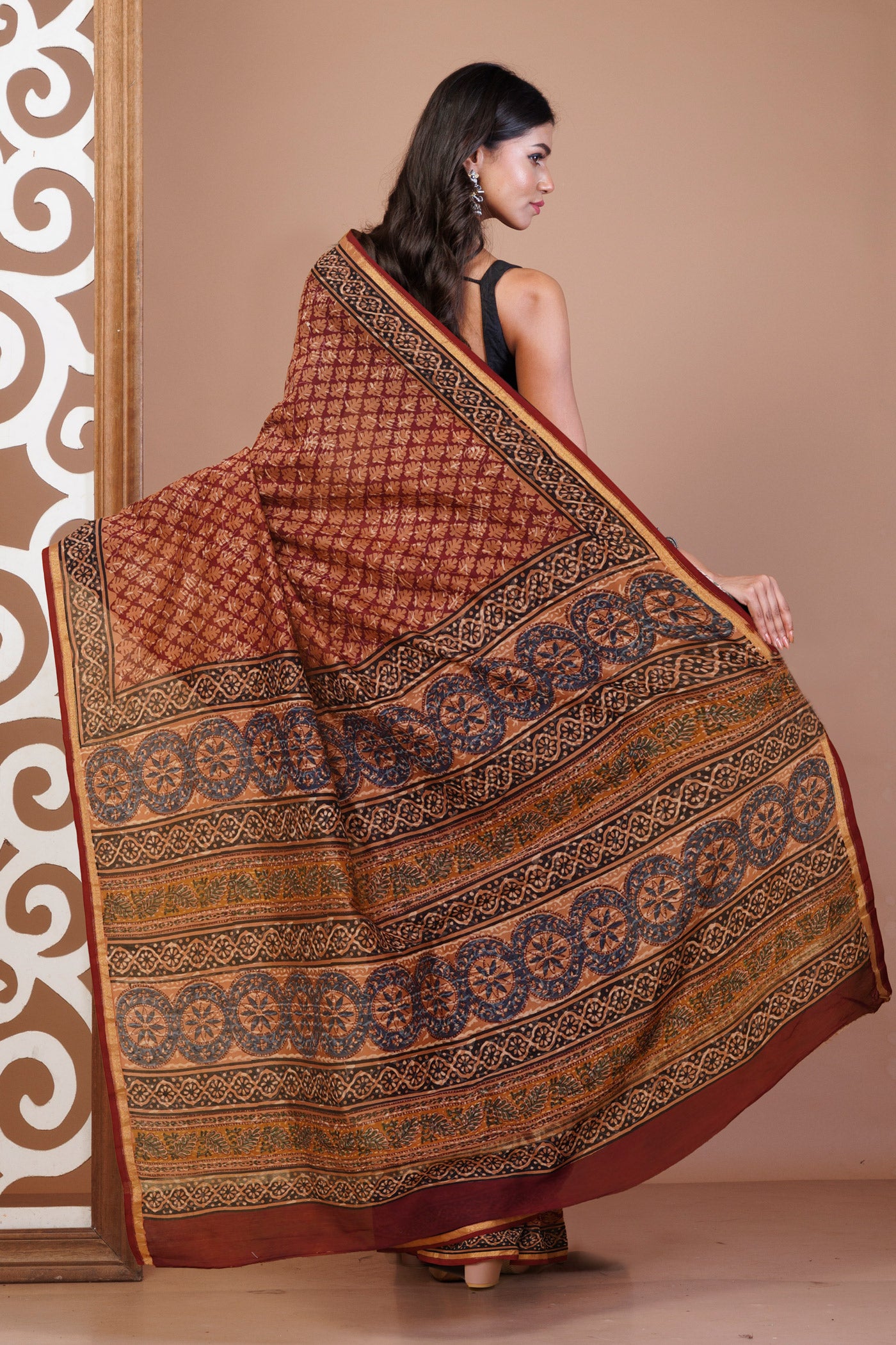 Red-Brown Pure Bagru Kalamkari Printed Chanderi Sico Saree-