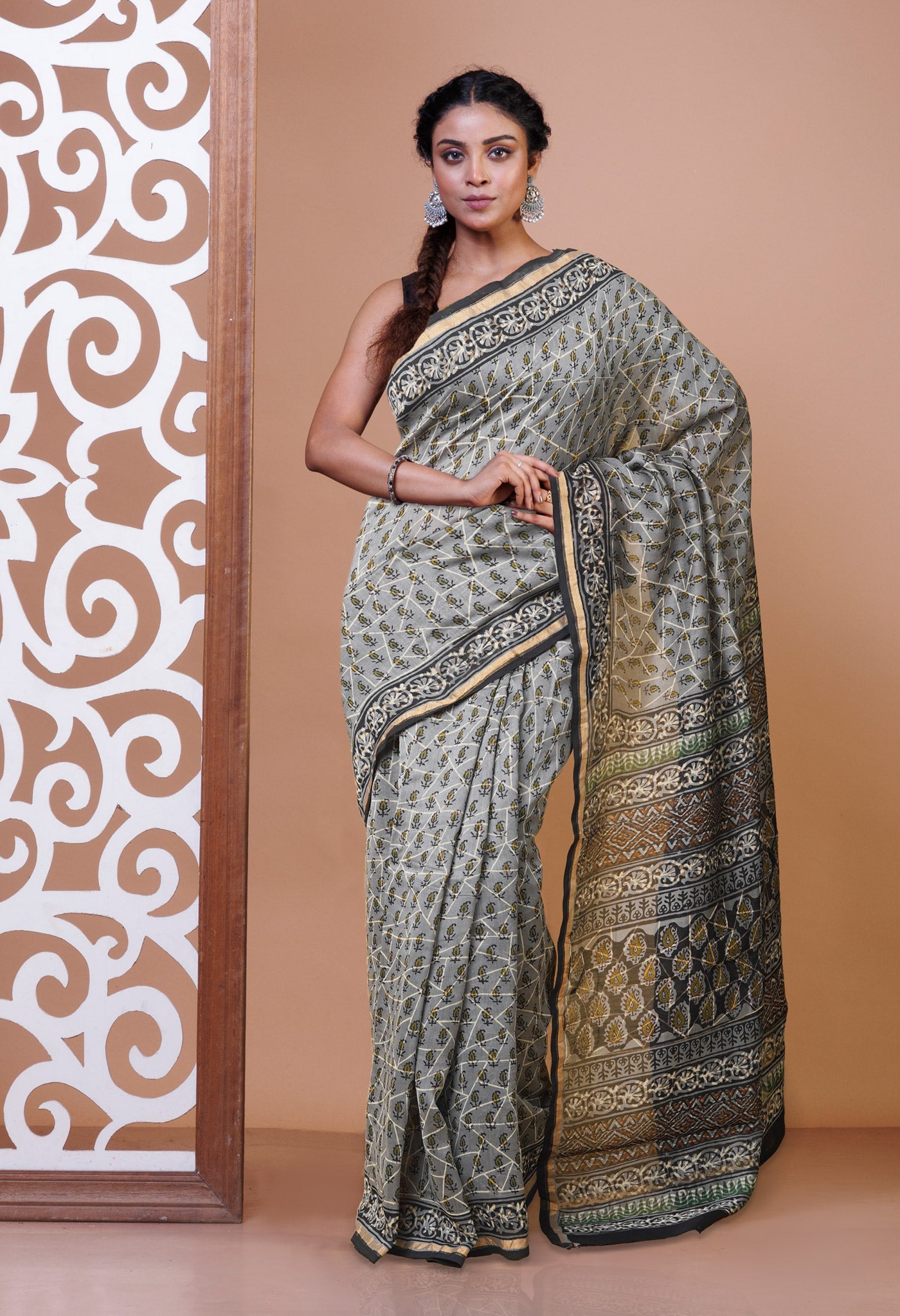 Grey Pure Bagru Kalamkari Printed Chanderi Sico Saree-UNM77889