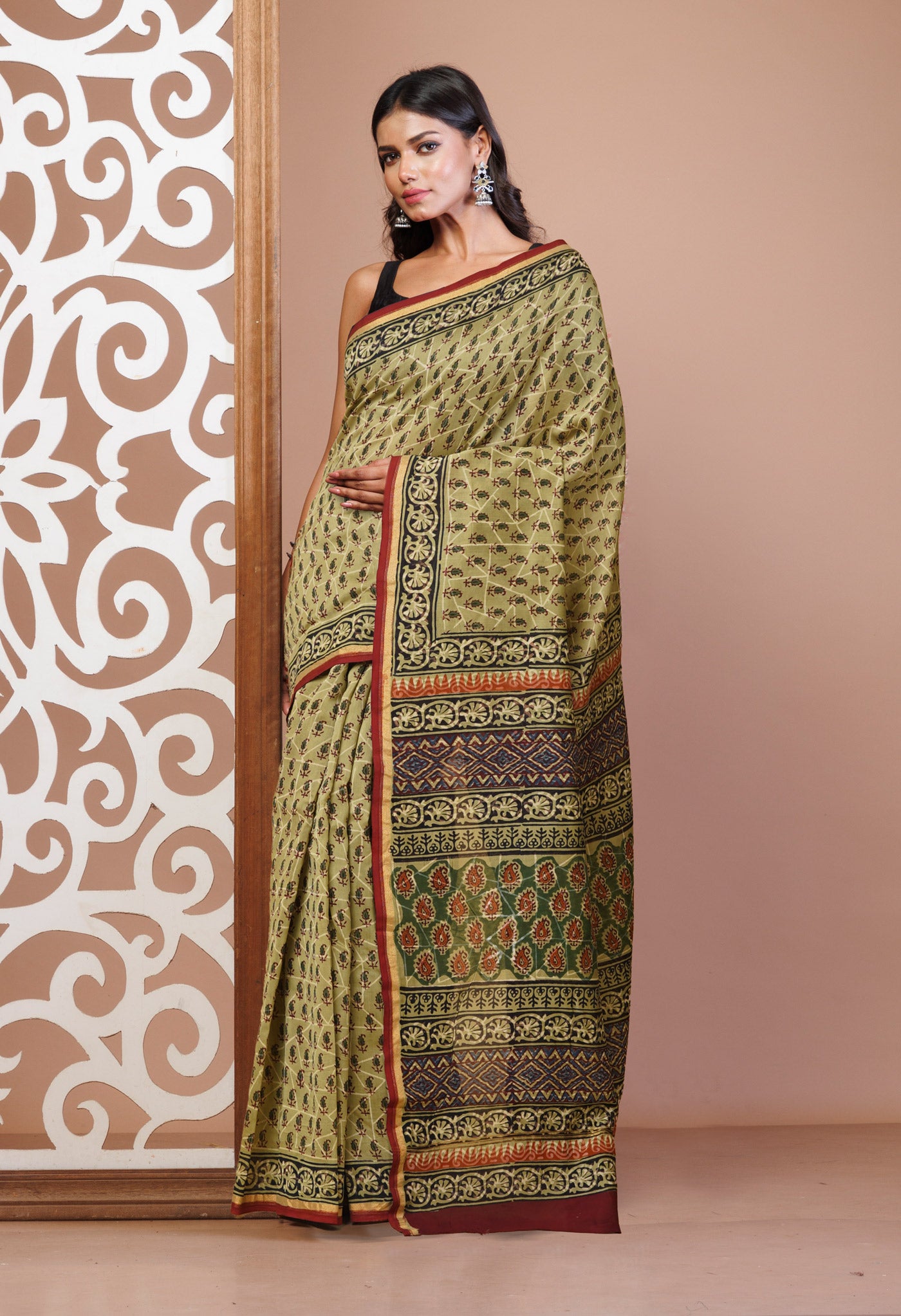 Green Pure Bagru Kalamkari Printed Chanderi Sico Saree