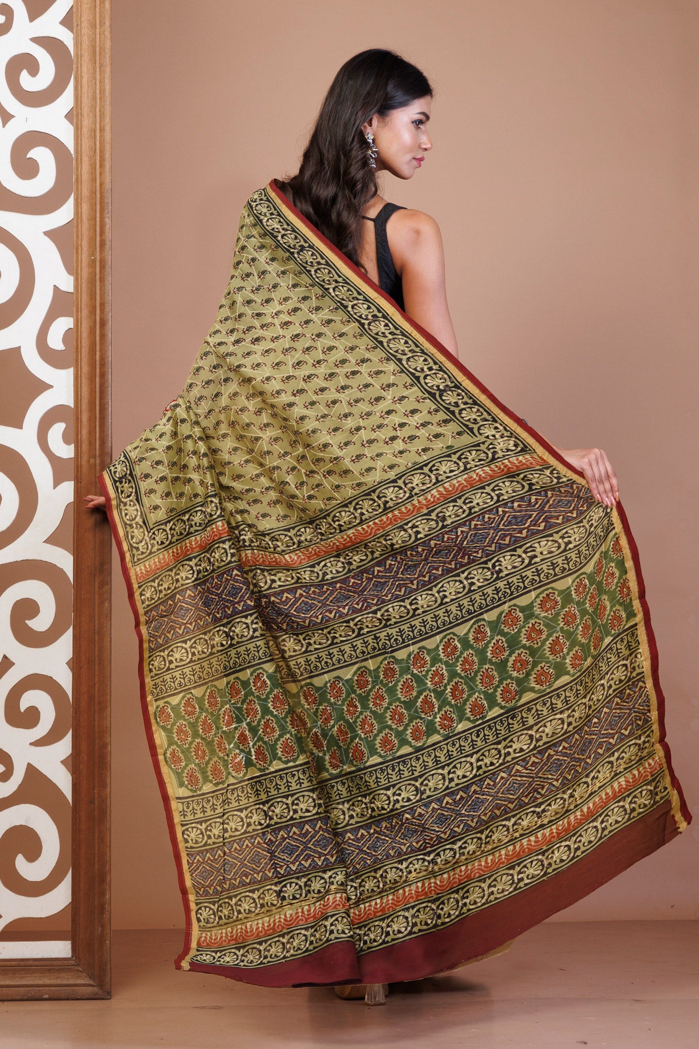 Green Pure Bagru Kalamkari Printed Chanderi Sico Saree