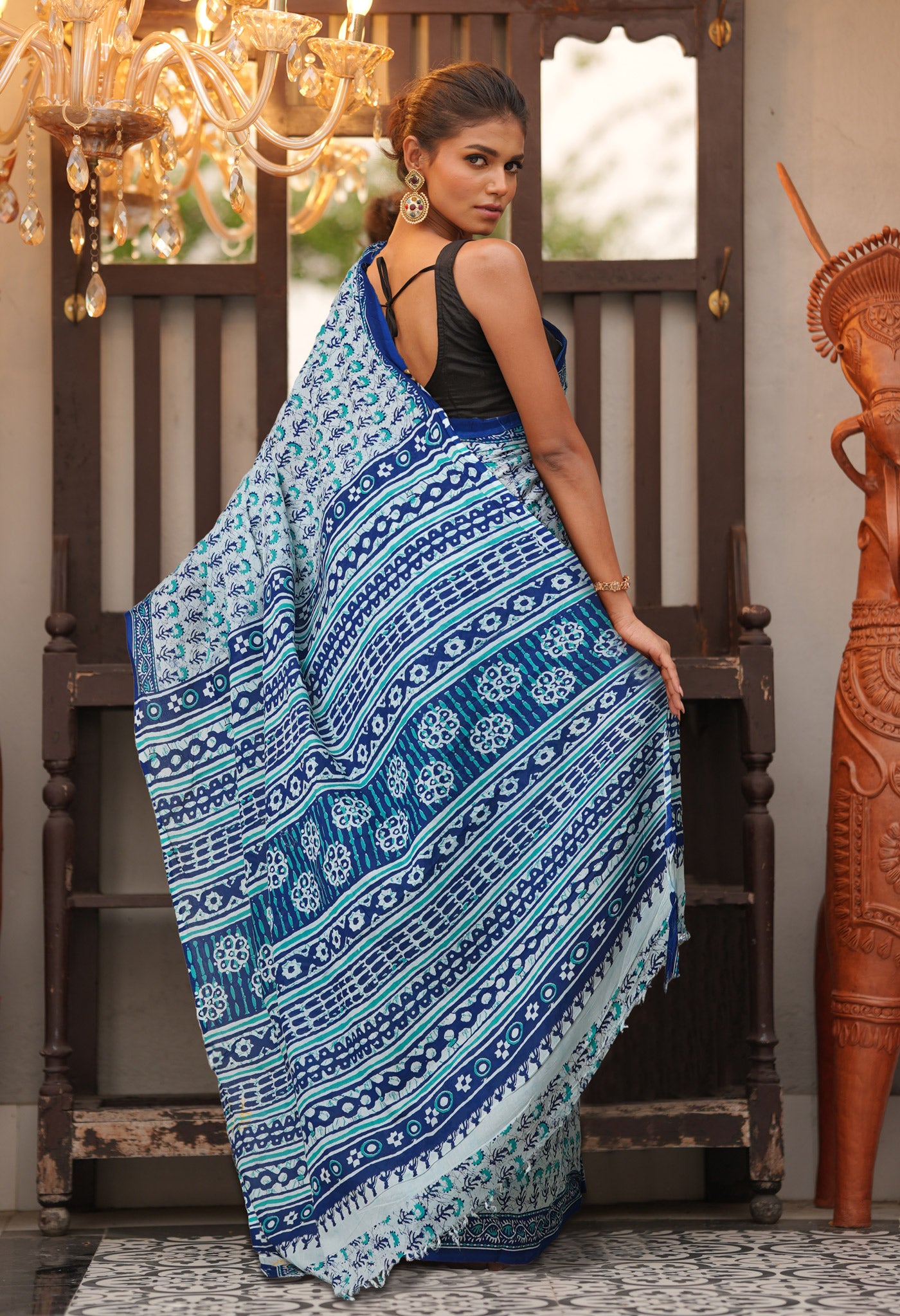 White-Navy Blue Pure Block Printed Soft Cotton Saree-UNM77916