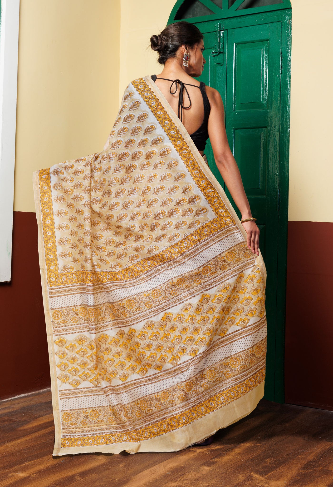 Cream Pure Hand Block Printed Chanderi Sico Saree-UNM77945