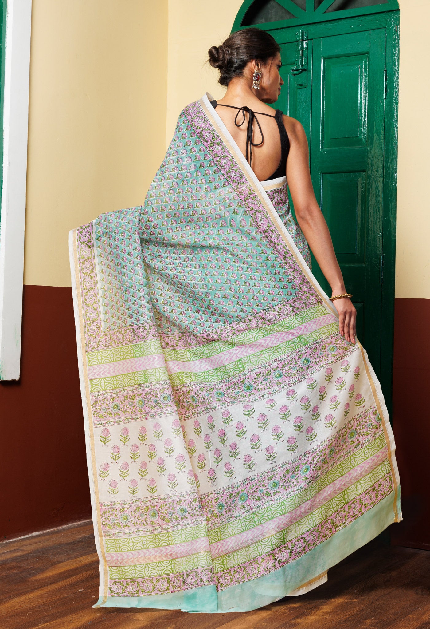 Turquoise Green Pure Hand Block Printed Chanderi Sico Saree-UNM77956