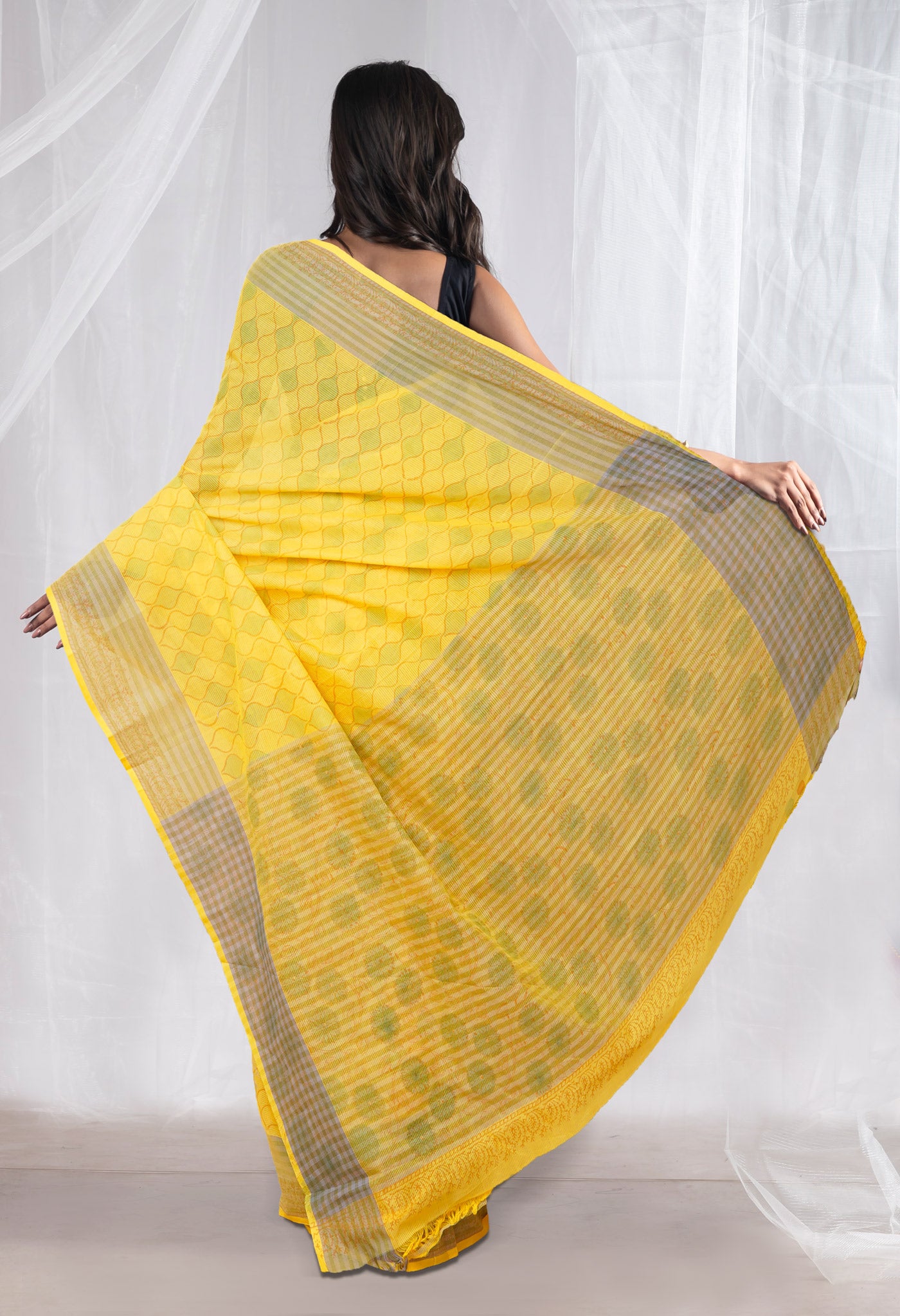 Yellow Pure Hand Block Printed Mangalgiri Cotton Saree