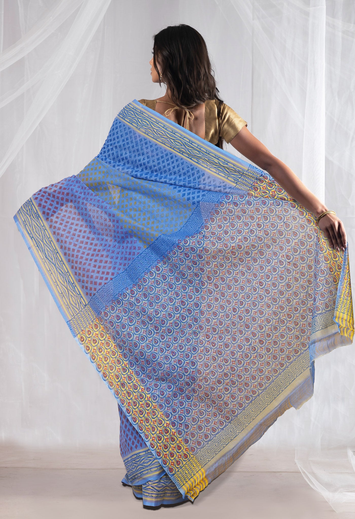 Blue Pure Hand Block Printed Mangalgiri Cotton Saree