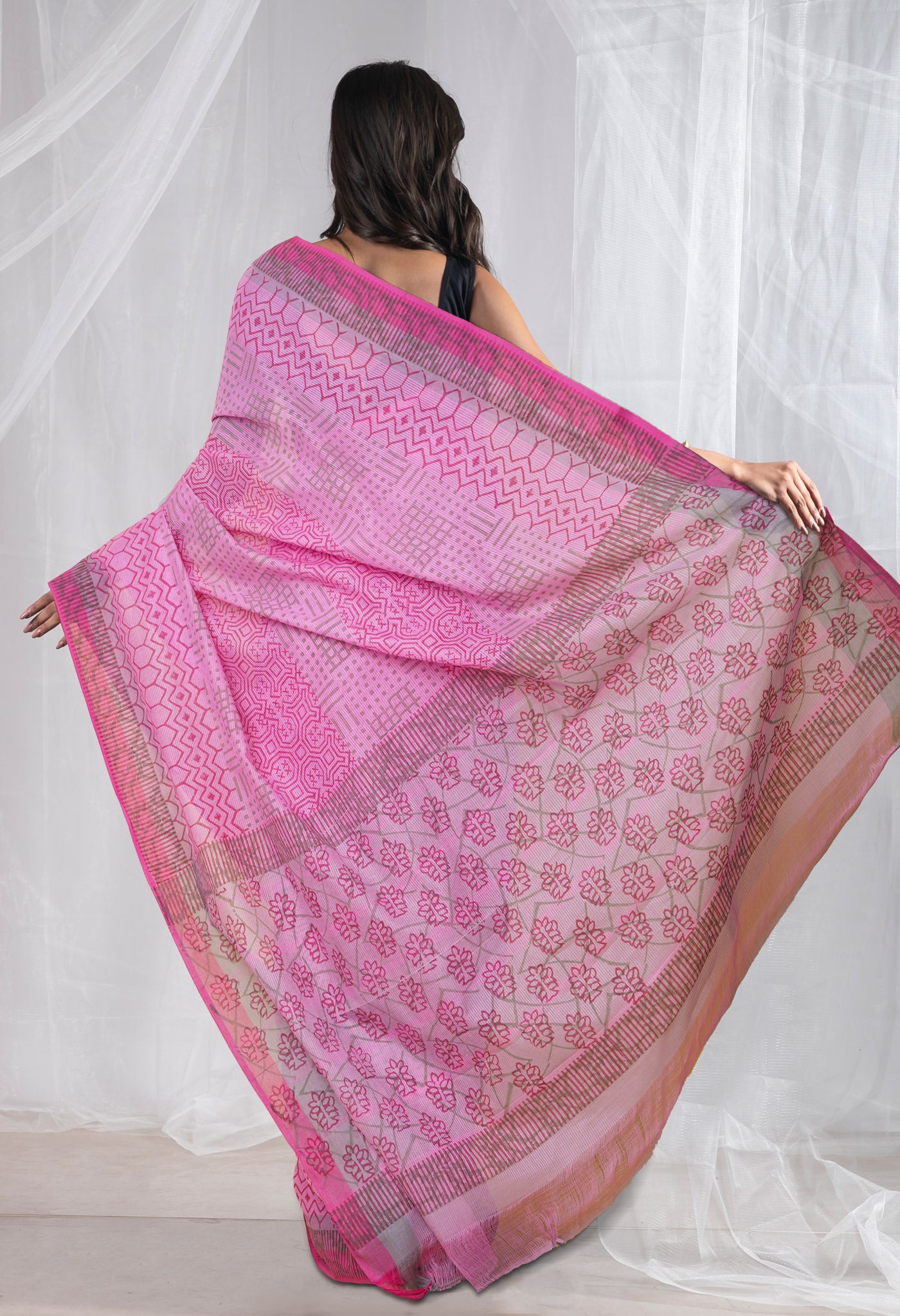 Pink Pure Hand Block Printed Mangalgiri Cotton Saree