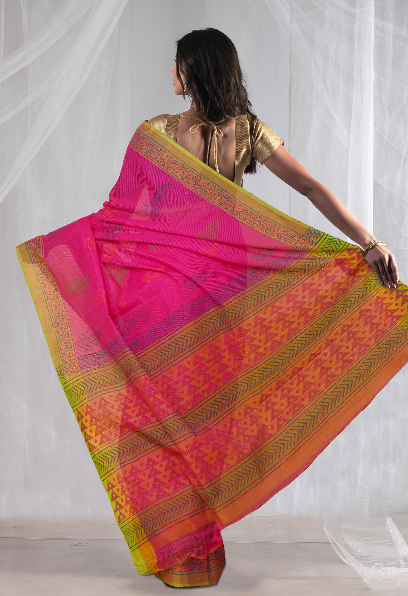 Pink Pure Hand Block Printed Mangalgiri Cotton Saree