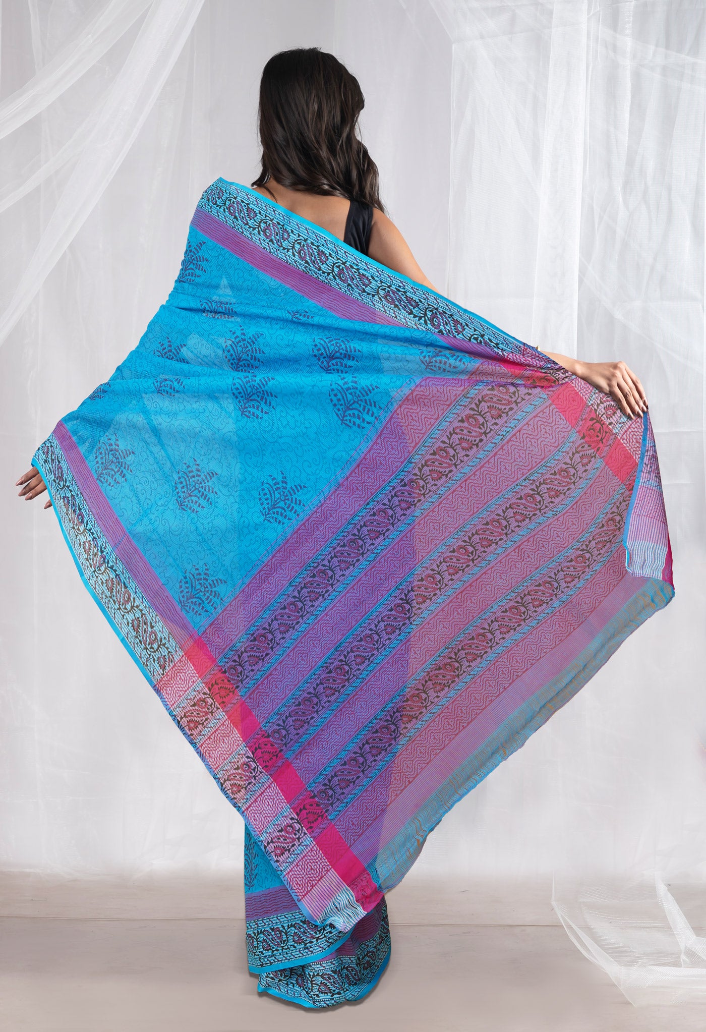 Blue Pure Hand Block Printed Mangalgiri Cotton Saree