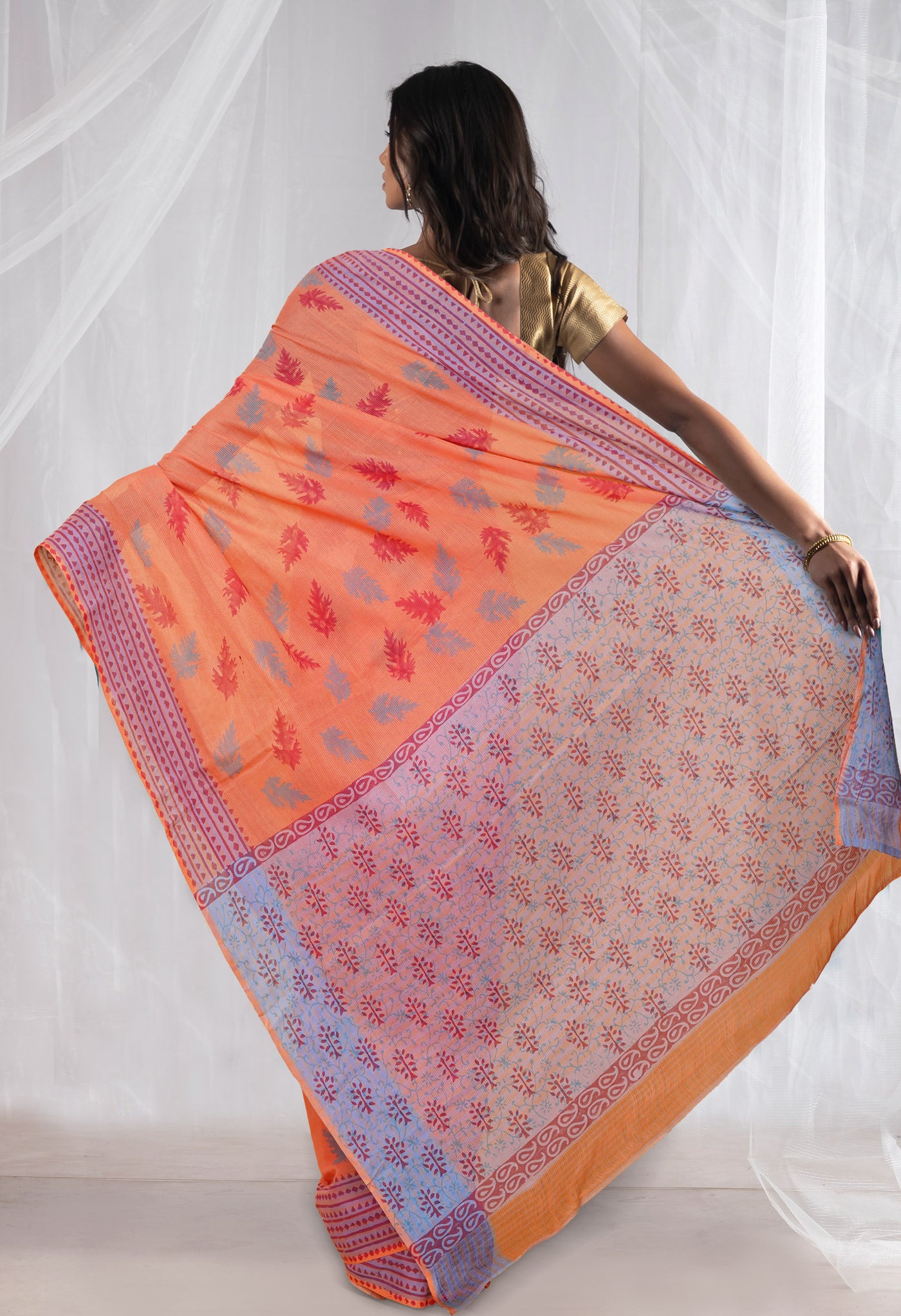 Orange Pure Hand Block Printed Mangalgiri Cotton Saree