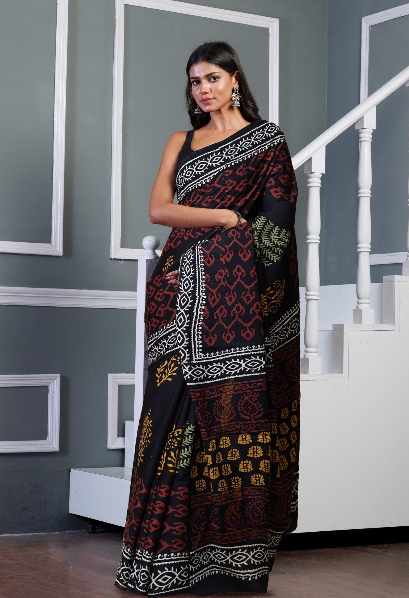 Black Pure  Hand Block Printed Soft Cotton Saree-UNM78039