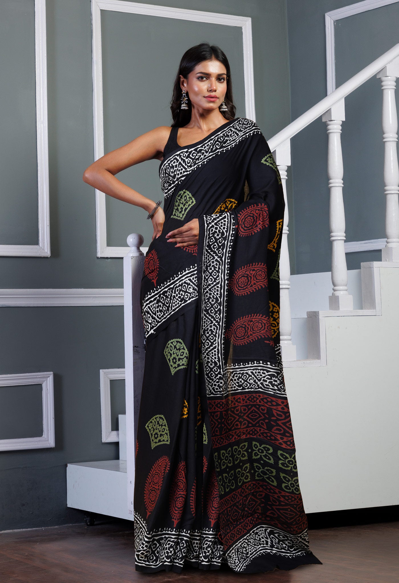 Black Pure  Hand Block Printed Soft Cotton Saree