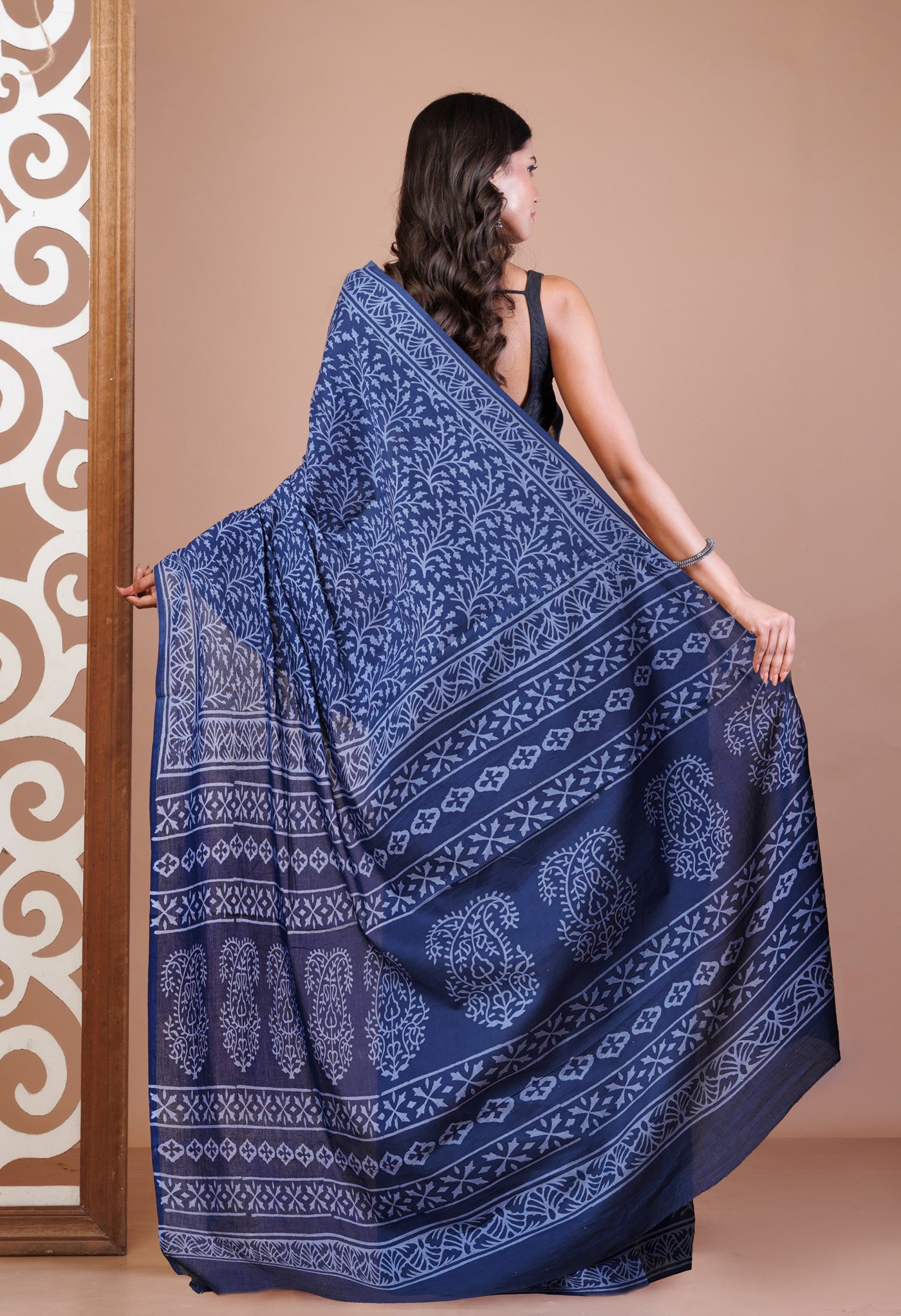 Navy Blue Pure Hand Block Printed Soft Cotton Saree