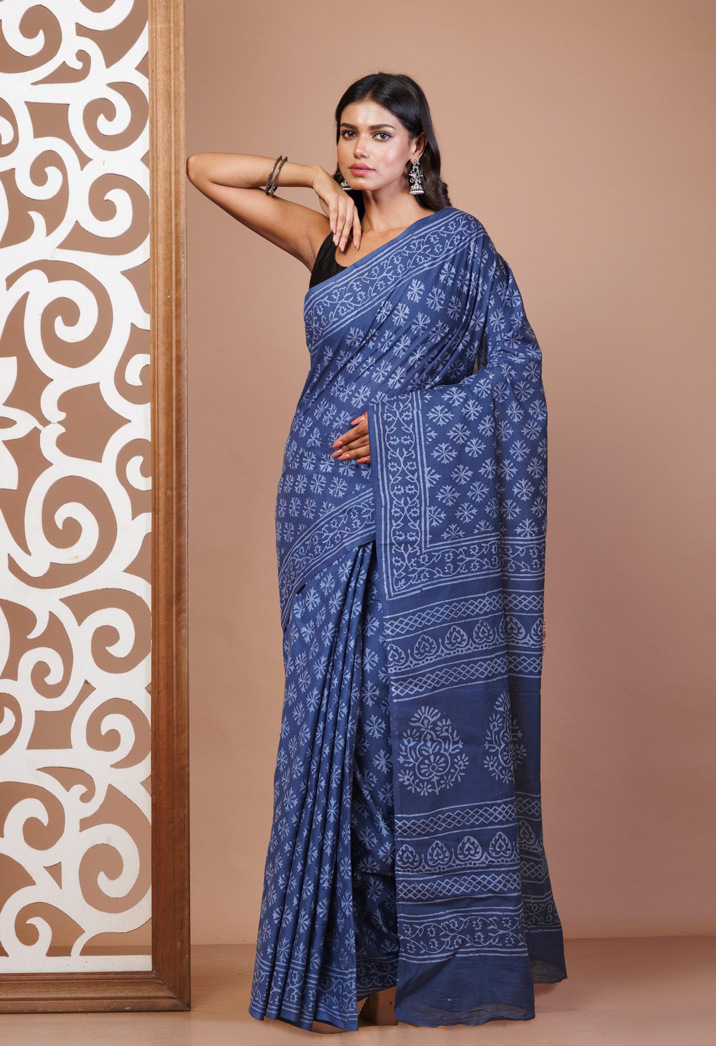 Navy Blue Pure Hand Block Printed Soft Cotton Saree