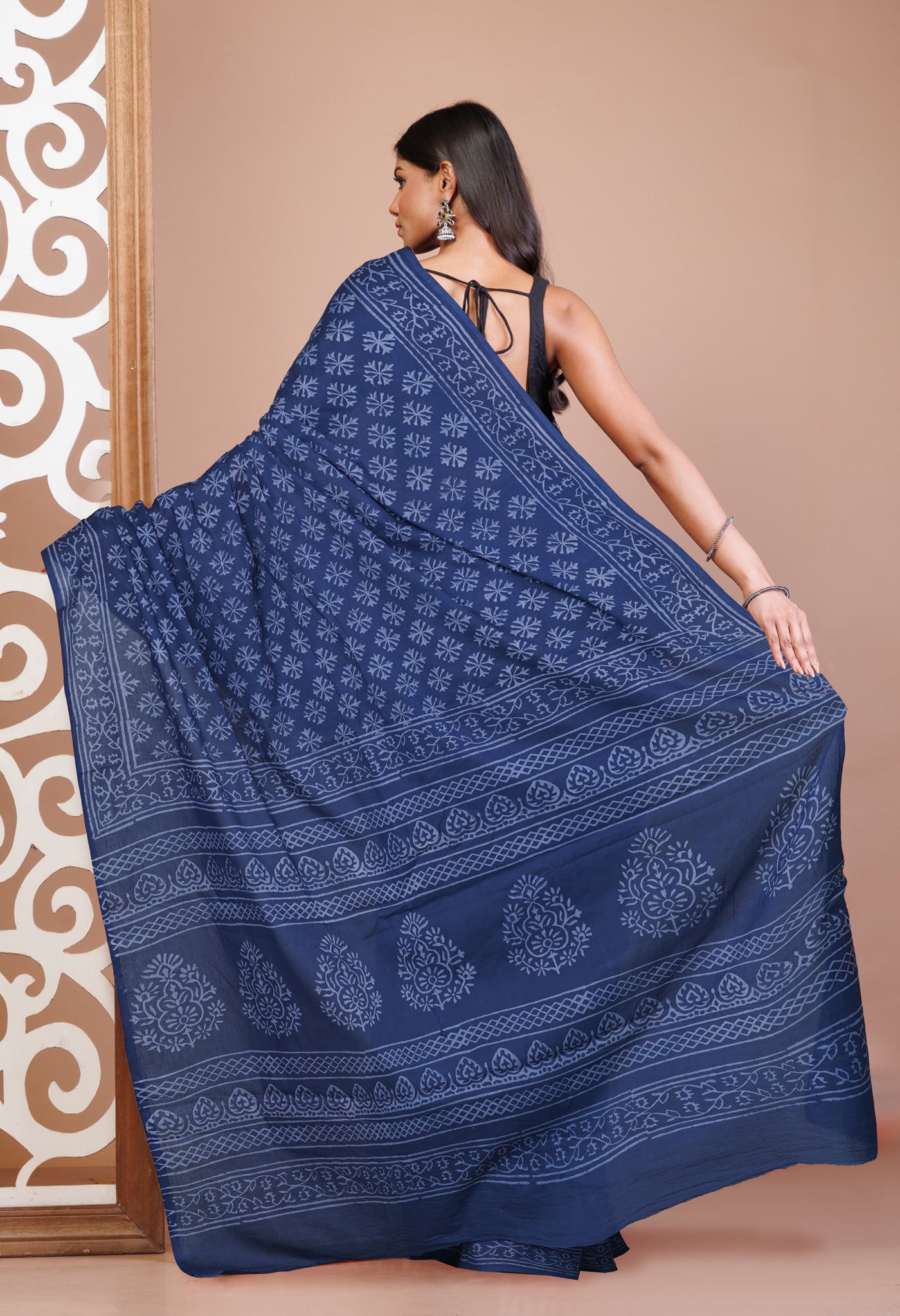 Navy Blue Pure Hand Block Printed Soft Cotton Saree