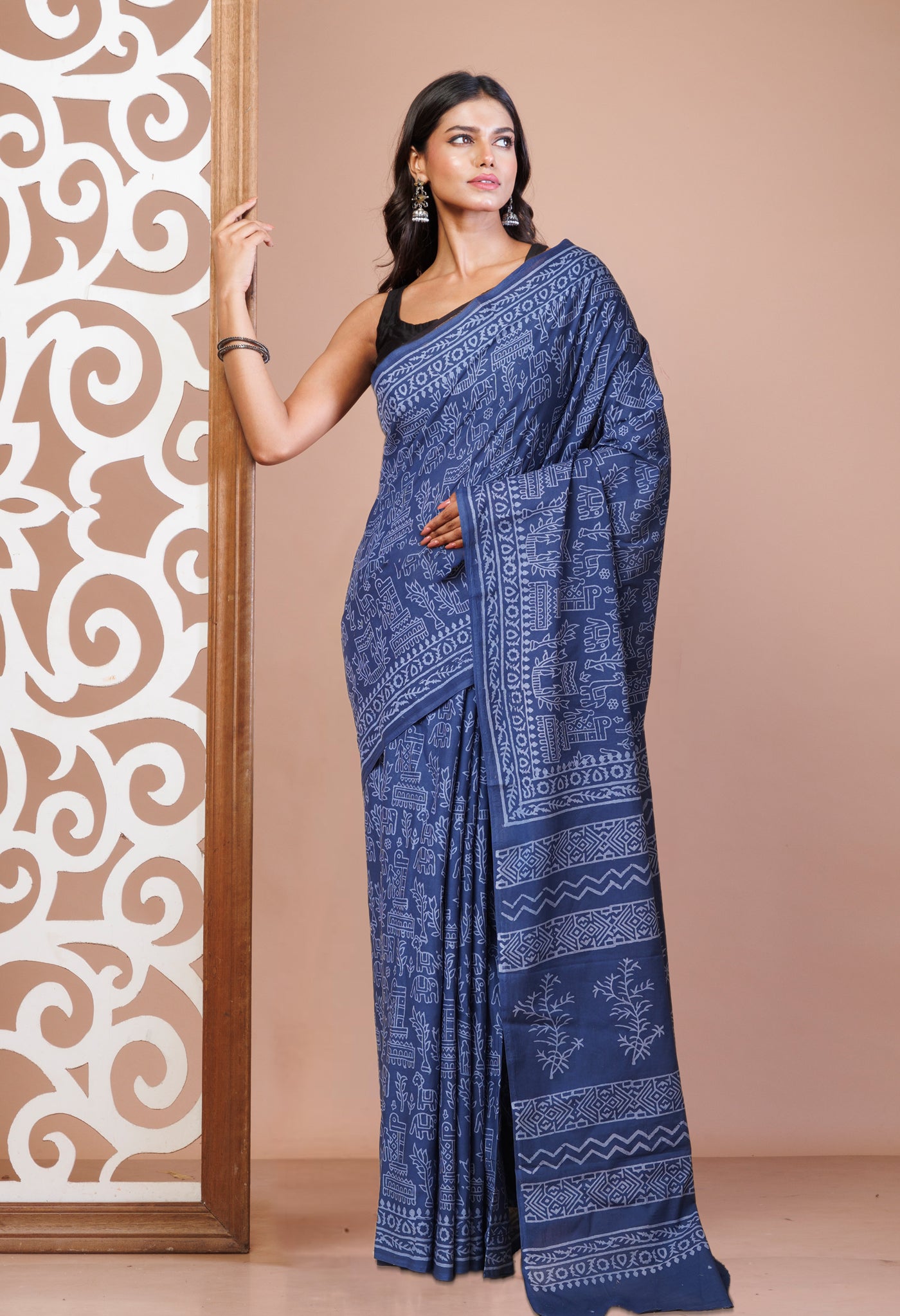 Navy Blue Pure Hand Block Printed Soft Cotton Saree-UNM78187