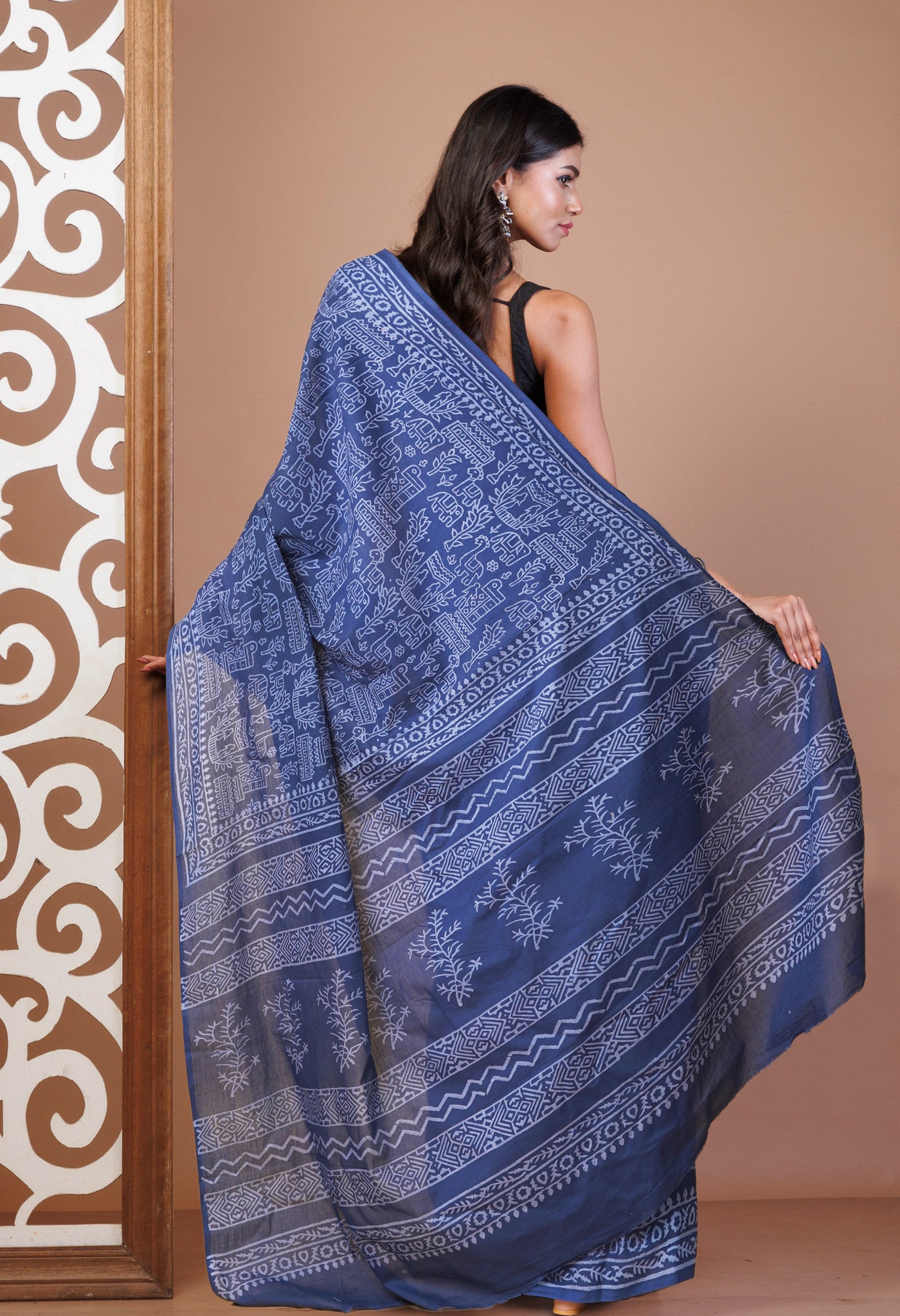 Navy Blue Pure Hand Block Printed Soft Cotton Saree-UNM78187