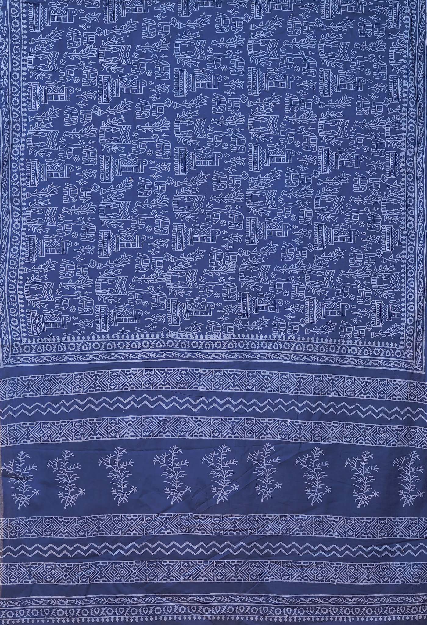 Navy Blue Pure Hand Block Printed Soft Cotton Saree-UNM78187