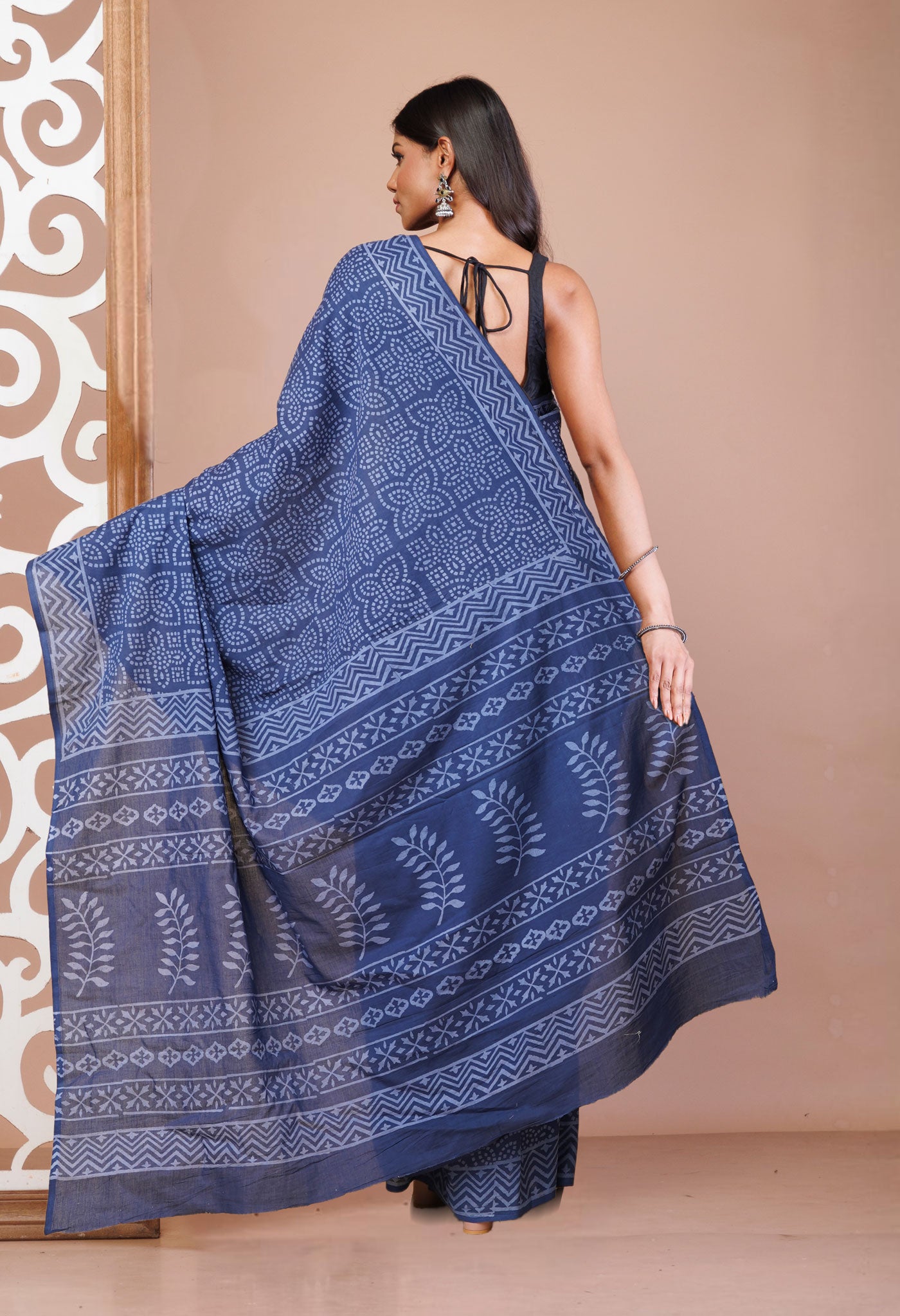 Navy Blue Pure Hand Block Printed Soft Cotton Saree-UNM78200