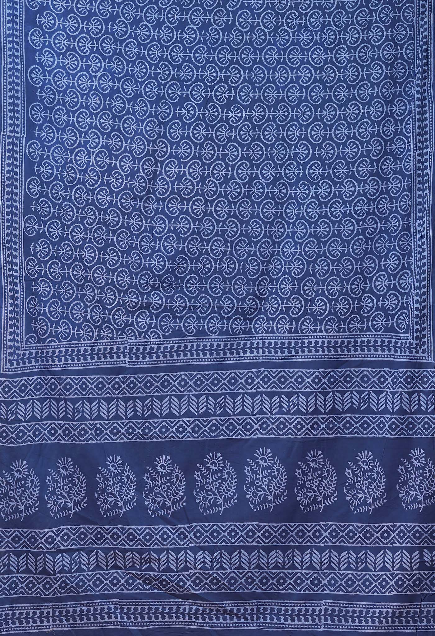 Navy Blue Pure Hand Block Printed Soft Cotton Saree-UNM78205