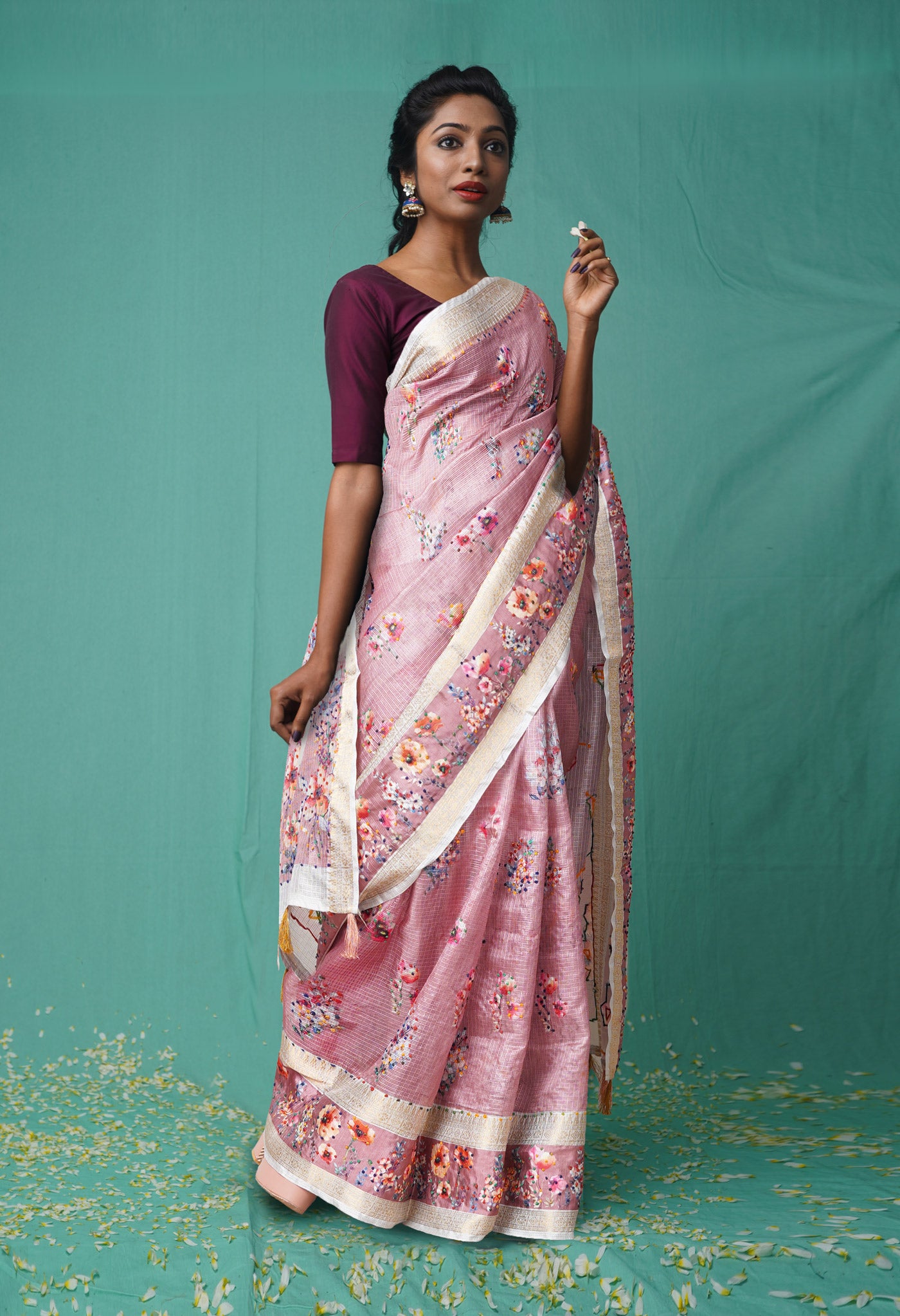 Peach Pink Pure French Knot Work Kota Silk Saree-UNM78336